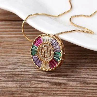 Micro Pave Rainbow Sun Necklace with Initial A-Z Cubic Zircon in Gold Color