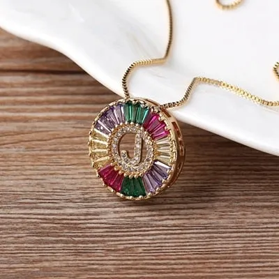 Micro Pave Rainbow Sun Necklace with Initial A-Z Cubic Zircon in Gold Color