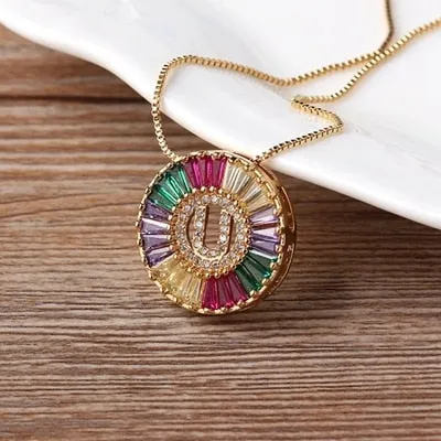 Micro Pave Rainbow Sun Necklace with Initial A-Z Cubic Zircon in Gold Color