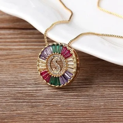 Micro Pave Rainbow Sun Necklace with Initial A-Z Cubic Zircon in Gold Color