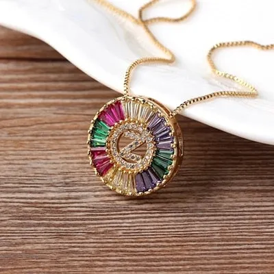 Micro Pave Rainbow Sun Necklace with Initial A-Z Cubic Zircon in Gold Color