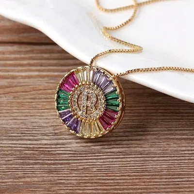 Micro Pave Rainbow Sun Necklace with Initial A-Z Cubic Zircon in Gold Color