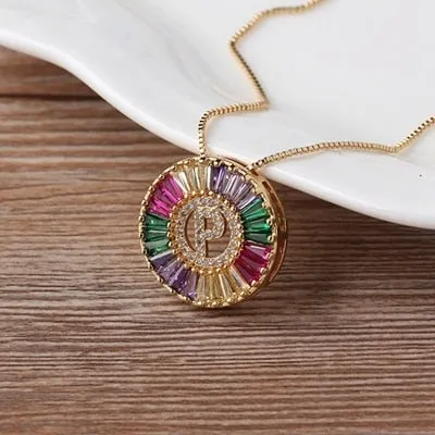 Micro Pave Rainbow Sun Necklace with Initial A-Z Cubic Zircon in Gold Color