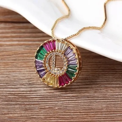 Micro Pave Rainbow Sun Necklace with Initial A-Z Cubic Zircon in Gold Color