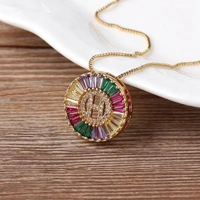 Micro Pave Rainbow Sun Necklace with Initial A-Z Cubic Zircon in Gold Color