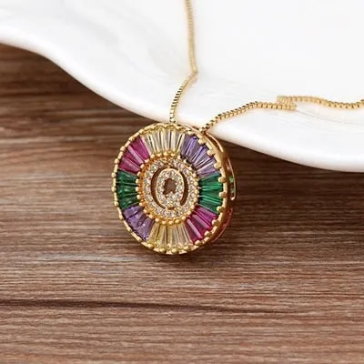 Micro Pave Rainbow Sun Necklace with Initial A-Z Cubic Zircon in Gold Color