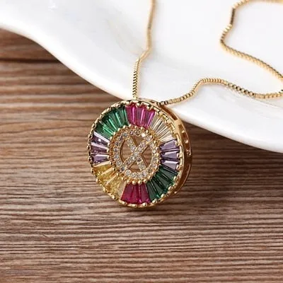 Micro Pave Rainbow Sun Necklace with Initial A-Z Cubic Zircon in Gold Color