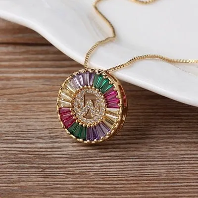 Micro Pave Rainbow Sun Necklace with Initial A-Z Cubic Zircon in Gold Color