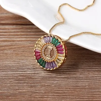 Micro Pave Rainbow Sun Necklace with Initial A-Z Cubic Zircon in Gold Color