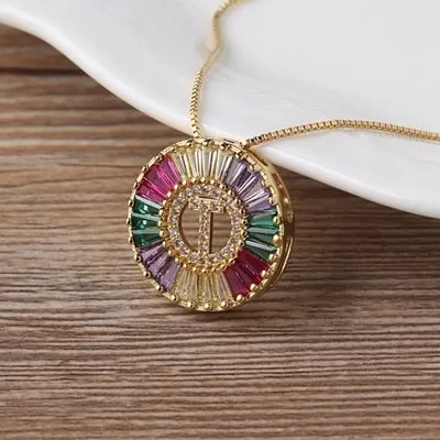 Micro Pave Rainbow Sun Necklace with Initial A-Z Cubic Zircon in Gold Color