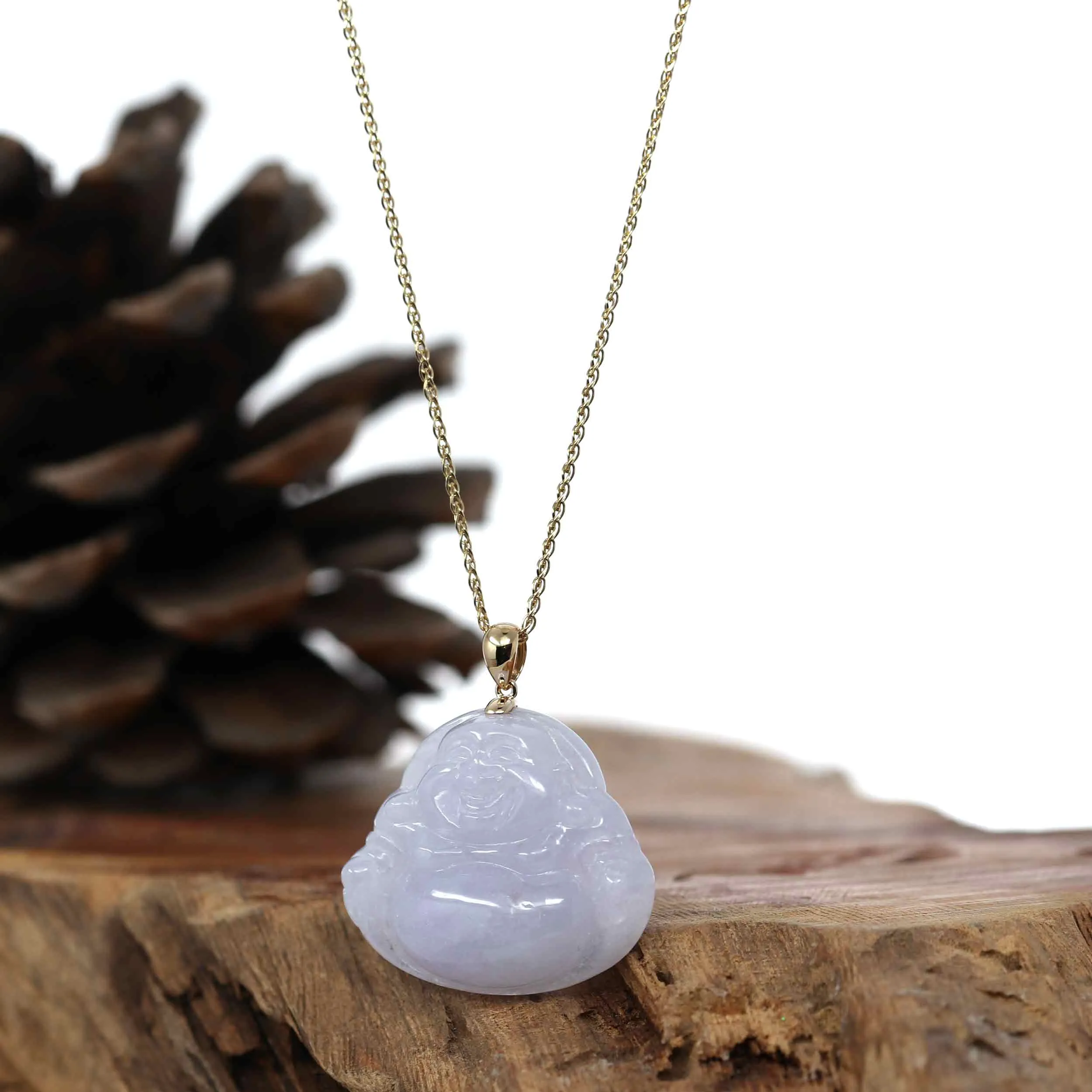 Natural Burmese Lavender Jadeite Jade Happy Buddha With 14k Yellow Bail