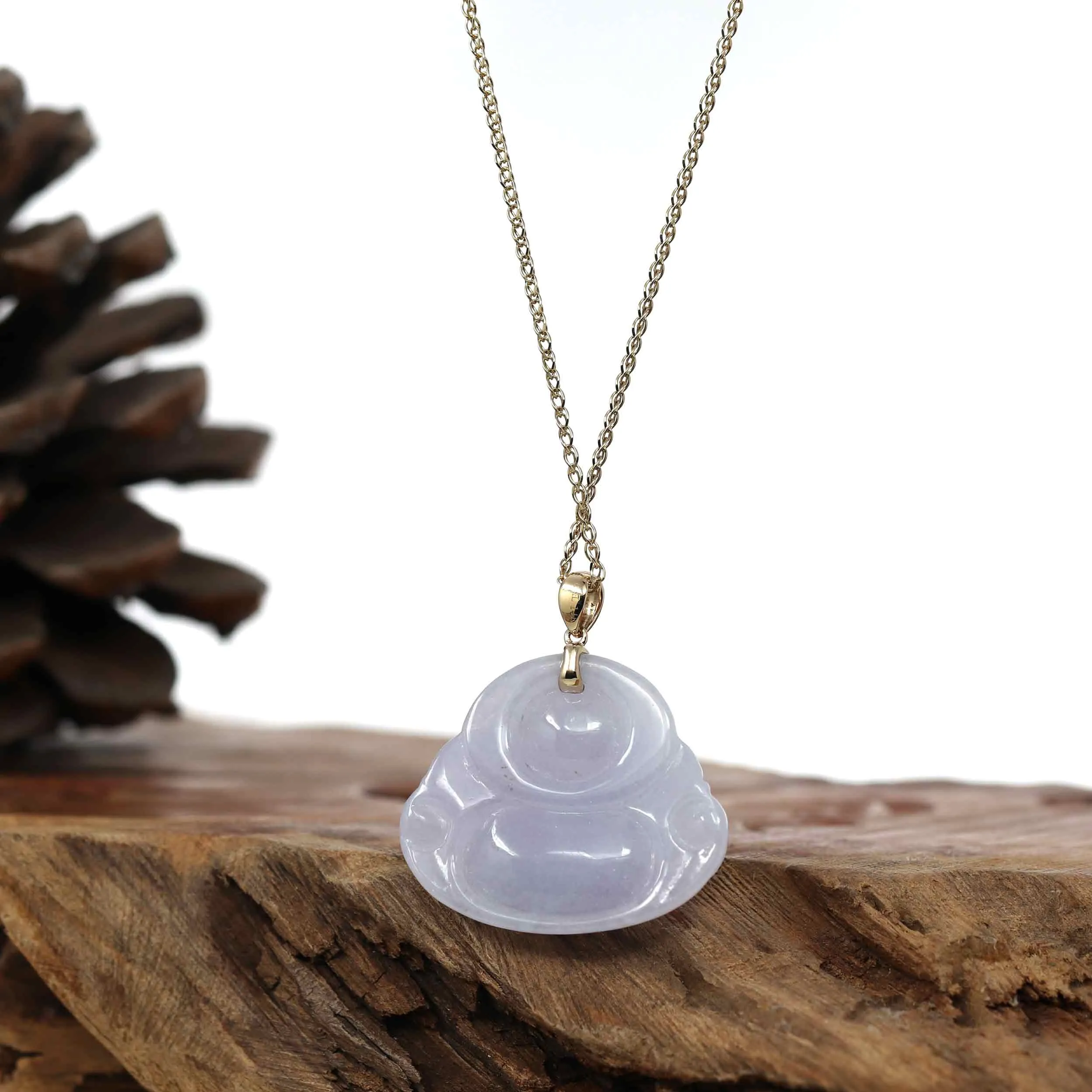 Natural Burmese Lavender Jadeite Jade Happy Buddha With 14k Yellow Bail