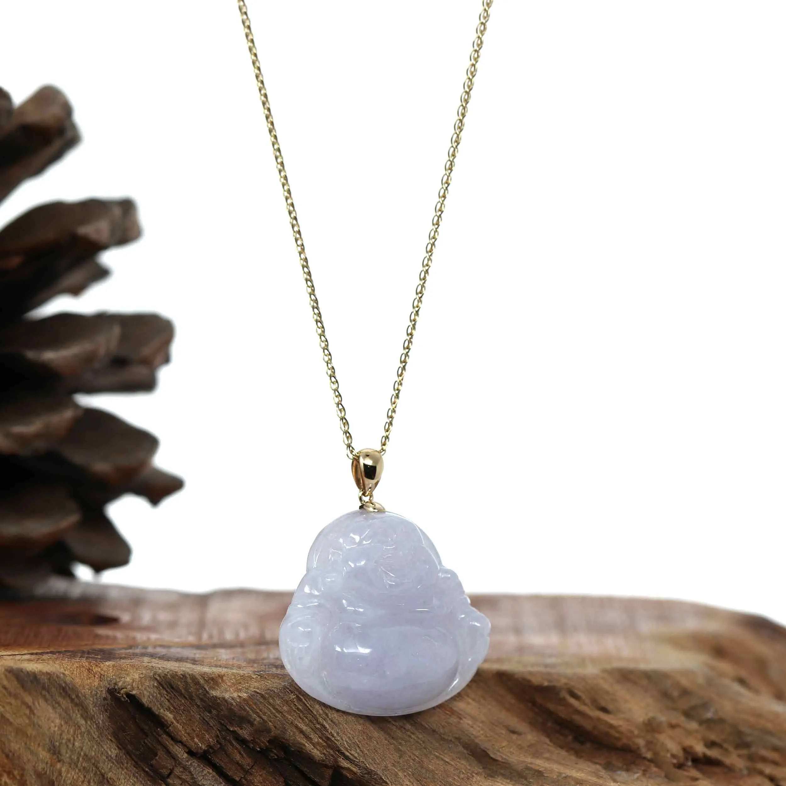 Natural Burmese Lavender Jadeite Jade Happy Buddha With 14k Yellow Bail
