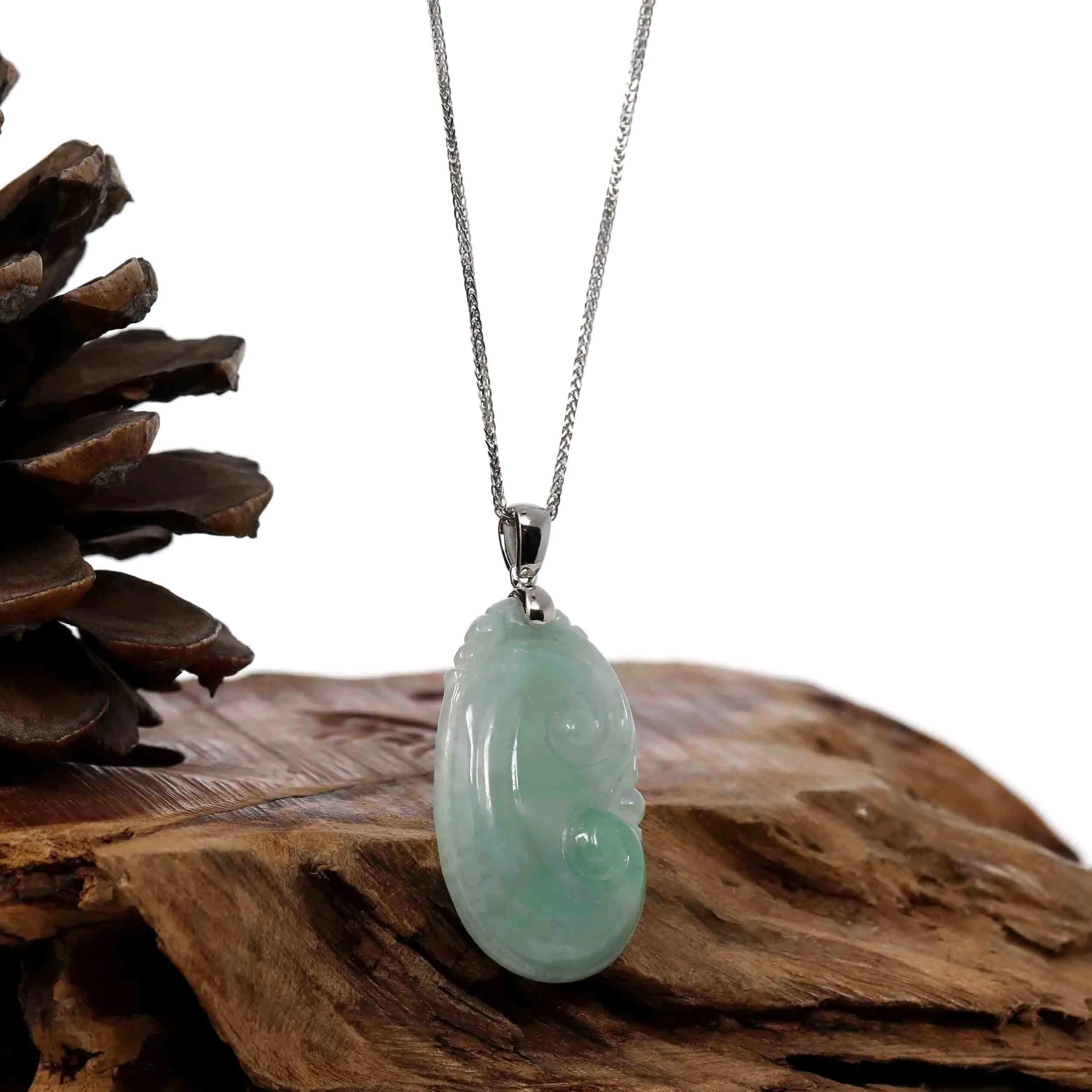 Natural Green Jadeite Jade Ru Yi Necklace With Sterling Silver Bail
