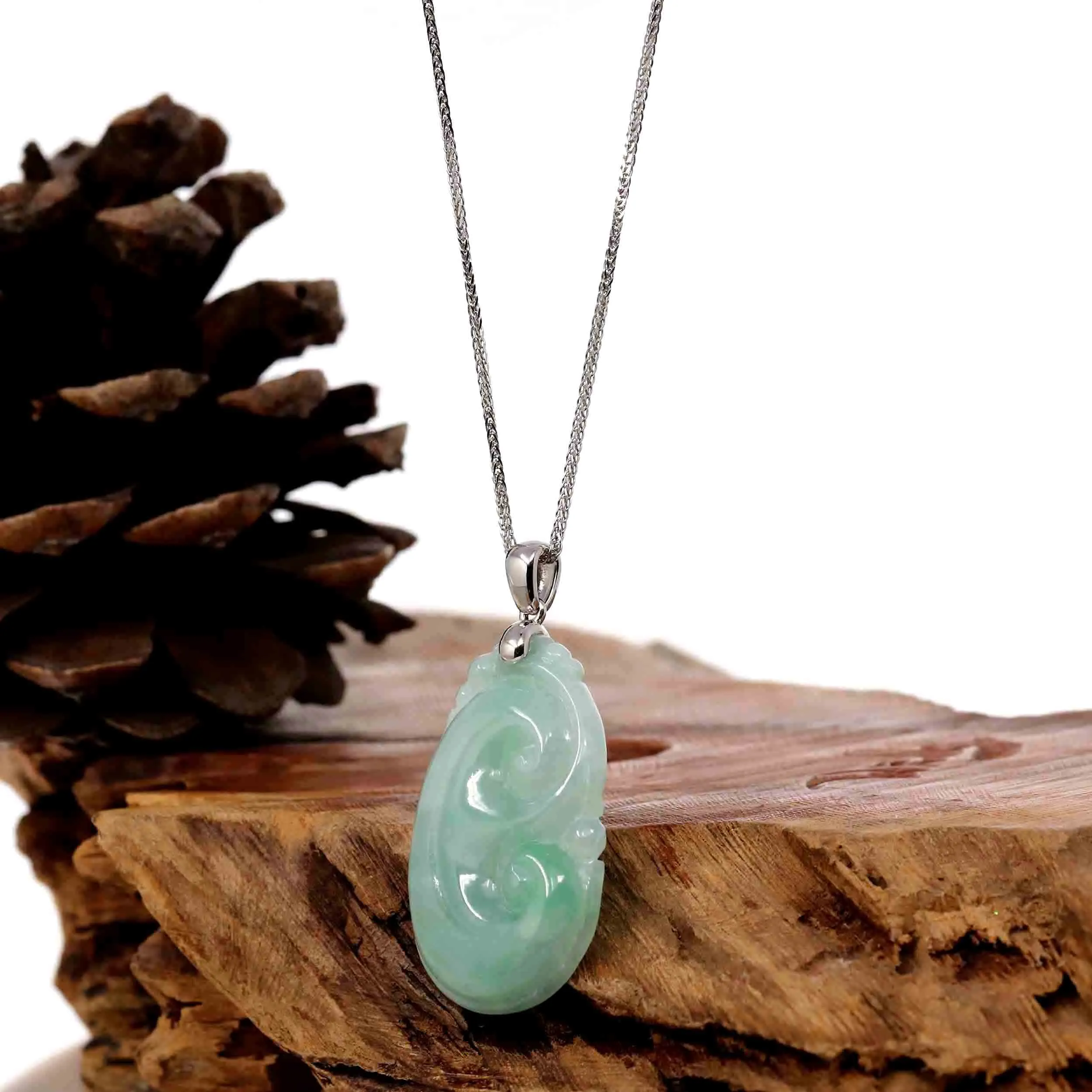 Natural Green Jadeite Jade Ru Yi Necklace With Sterling Silver Bail
