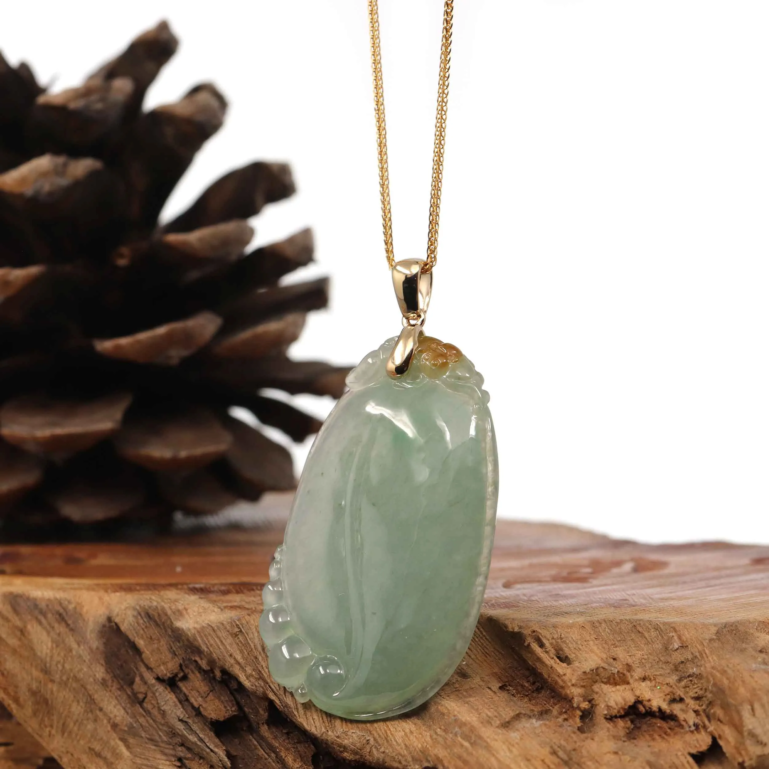 Natural Ice Jadeite Jade Shou Tao ( Longevity Peach ) Necklace With 14k Yellow Gold Bail