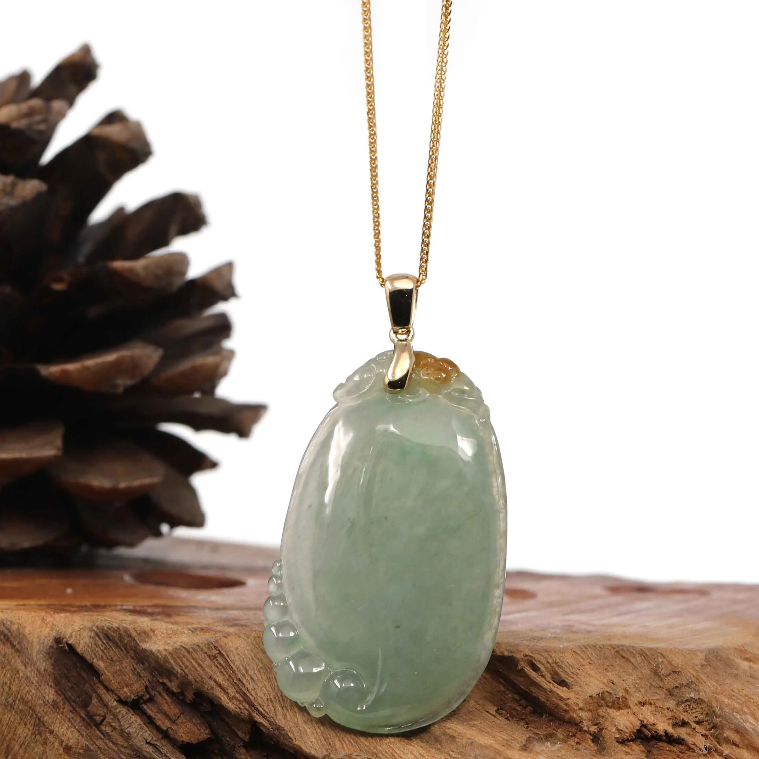 Natural Ice Jadeite Jade Shou Tao ( Longevity Peach ) Necklace With 14k Yellow Gold Bail