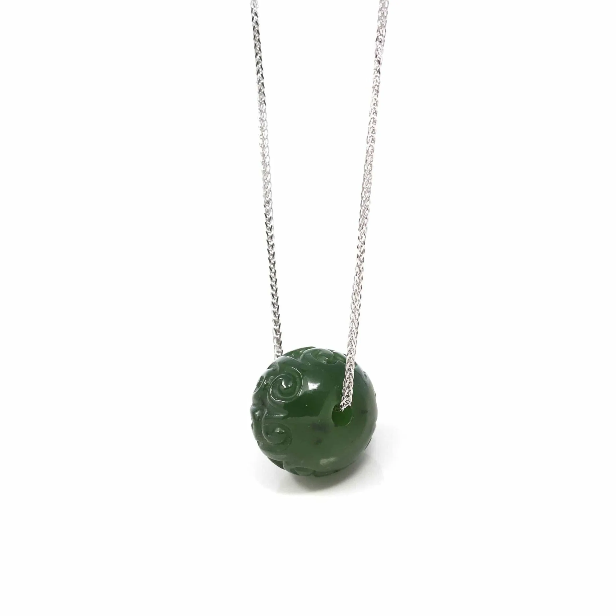 Nephrite Green Jade Bead Pendant Necklace With Lucky Pattern