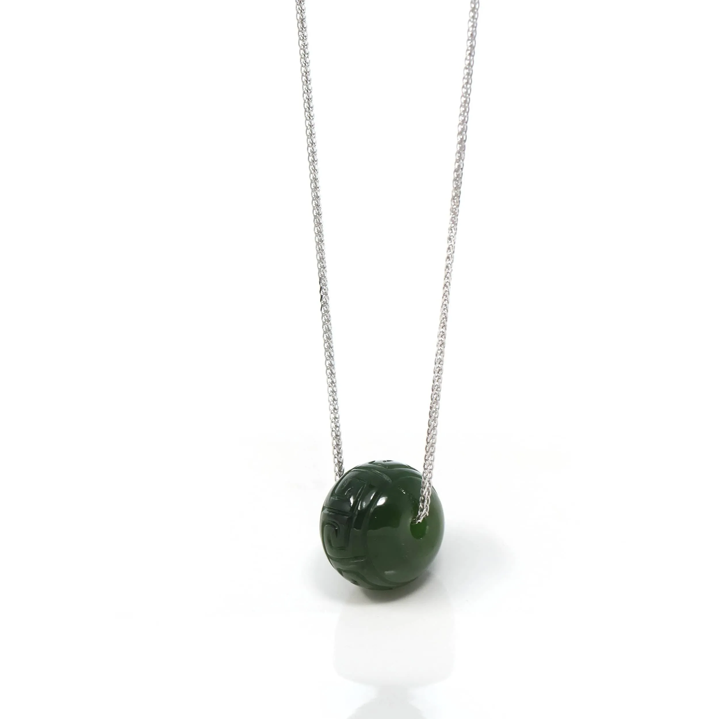 Nephrite Green Jade Bead Pendant Necklace With Lucky Pattern