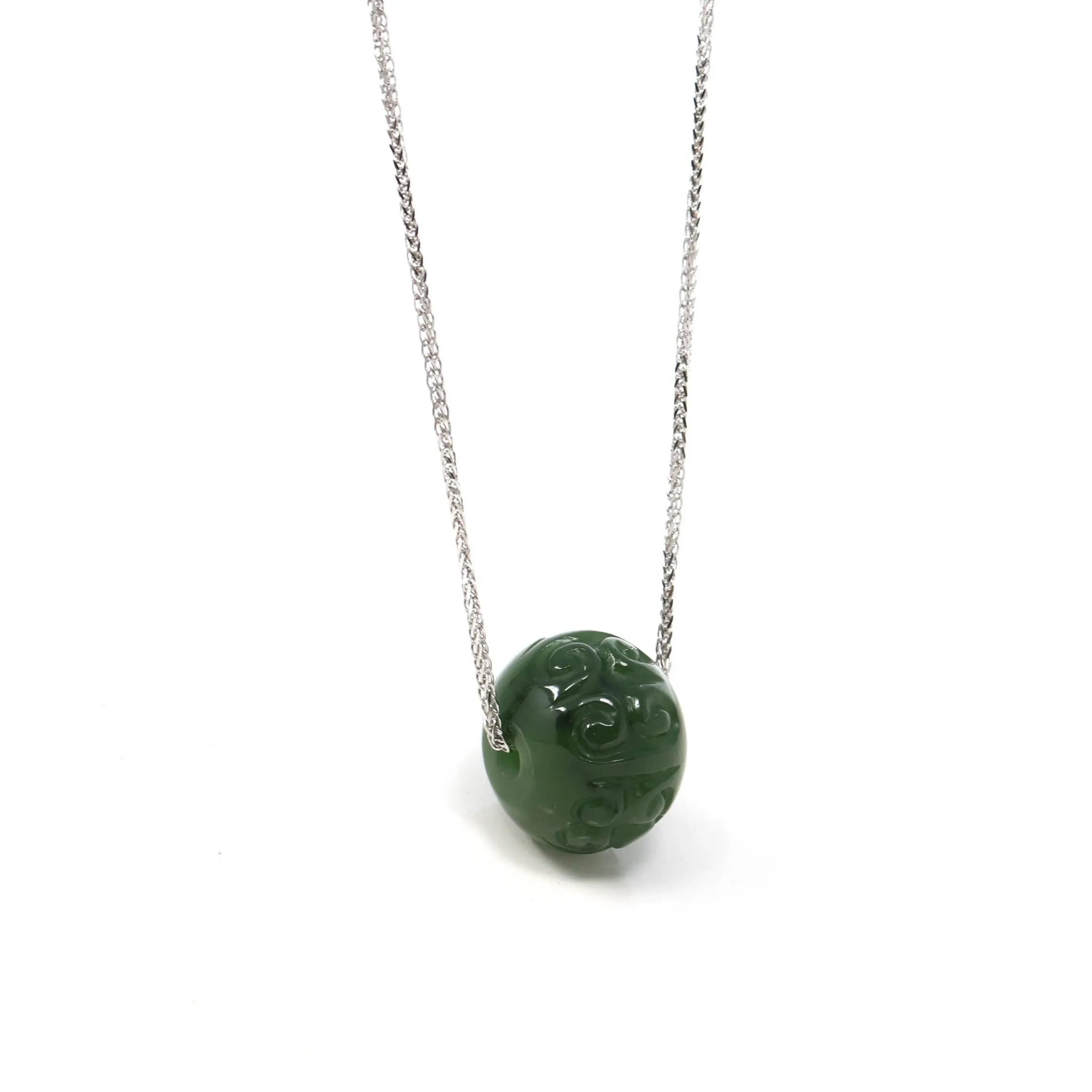 Nephrite Green Jade Bead Pendant Necklace With Lucky Pattern