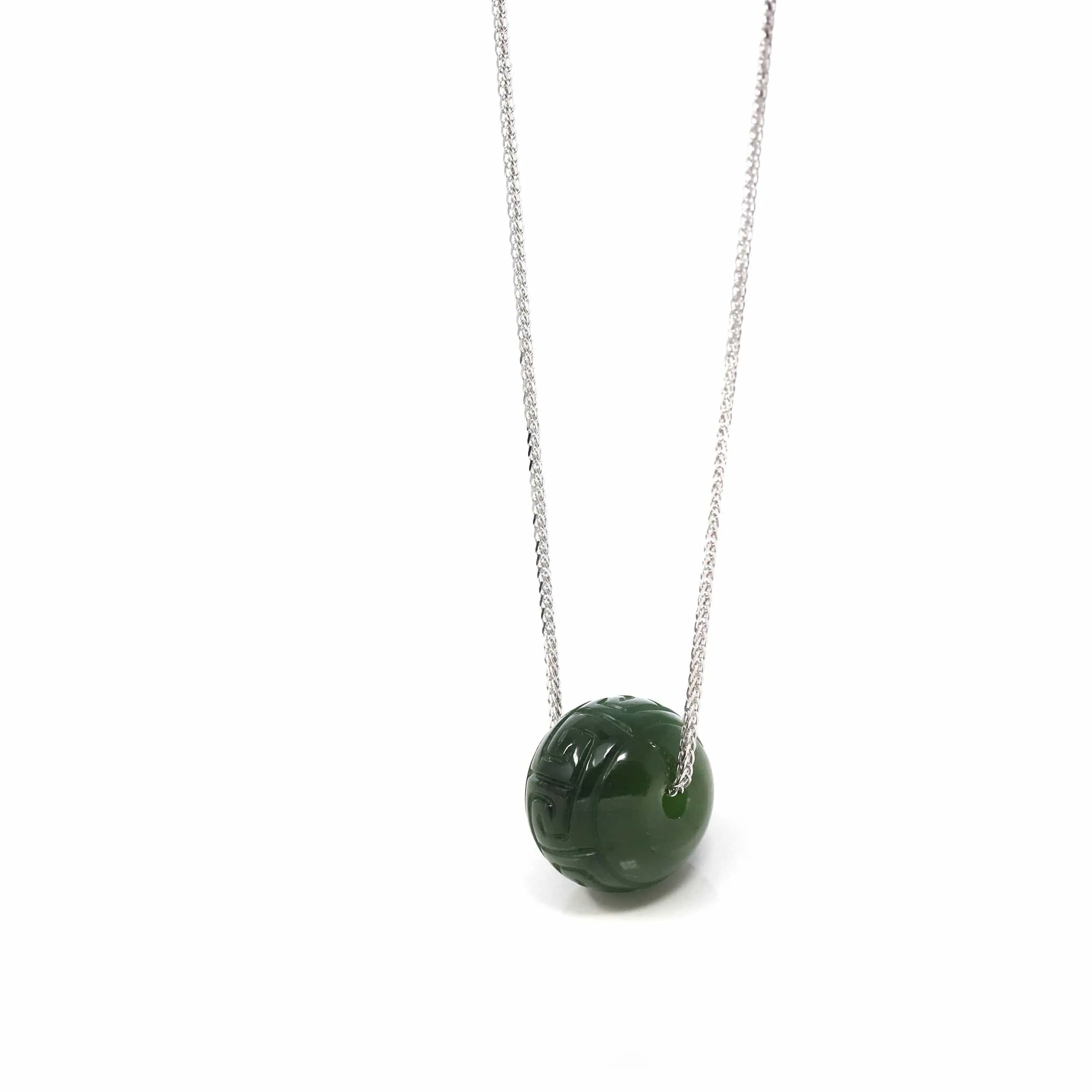 Nephrite Green Jade Bead Pendant Necklace With Lucky Pattern