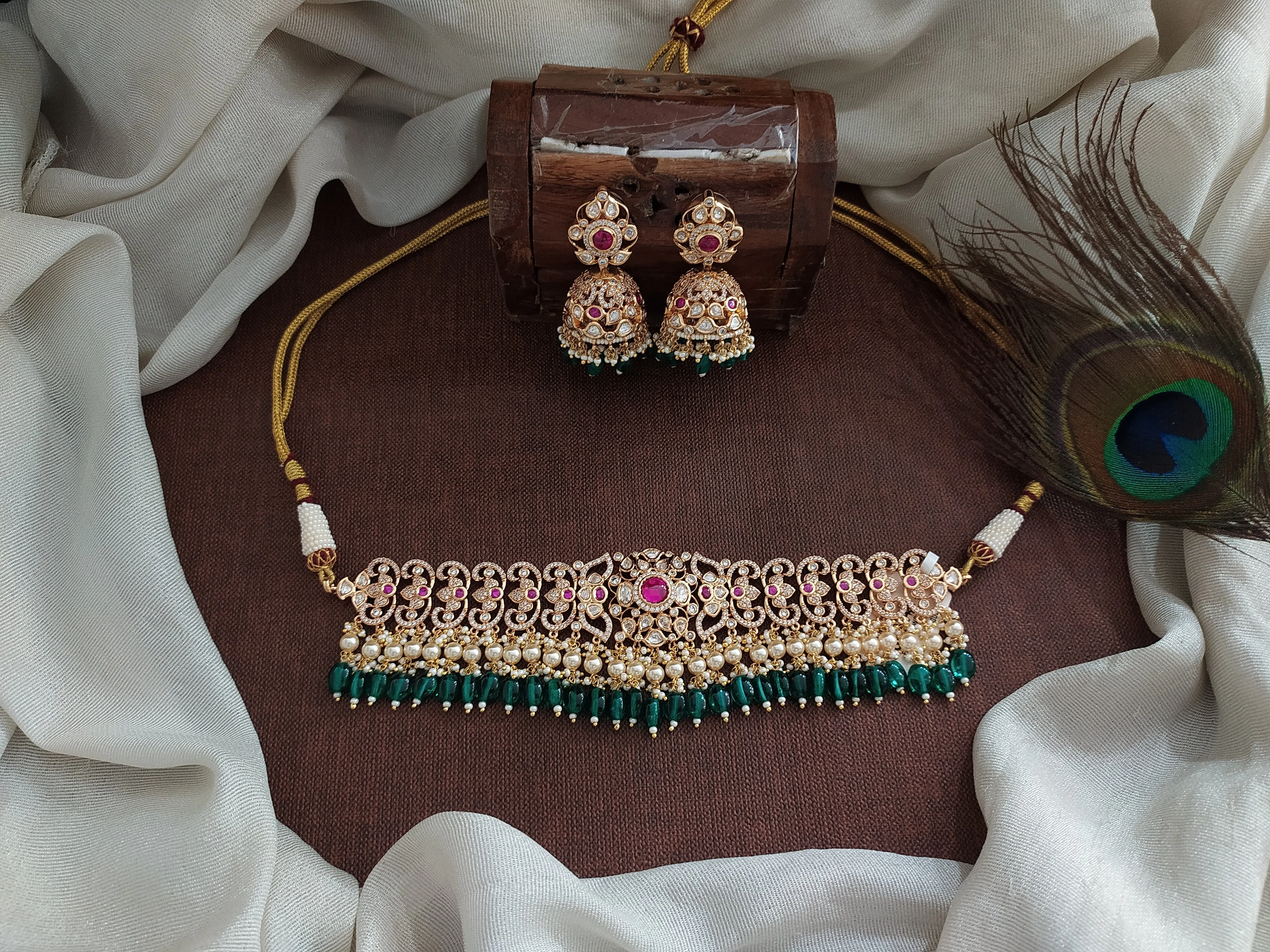 Polki Kundan Choker Set with Jhumki – Ruby & White Stones with Bead Dangling