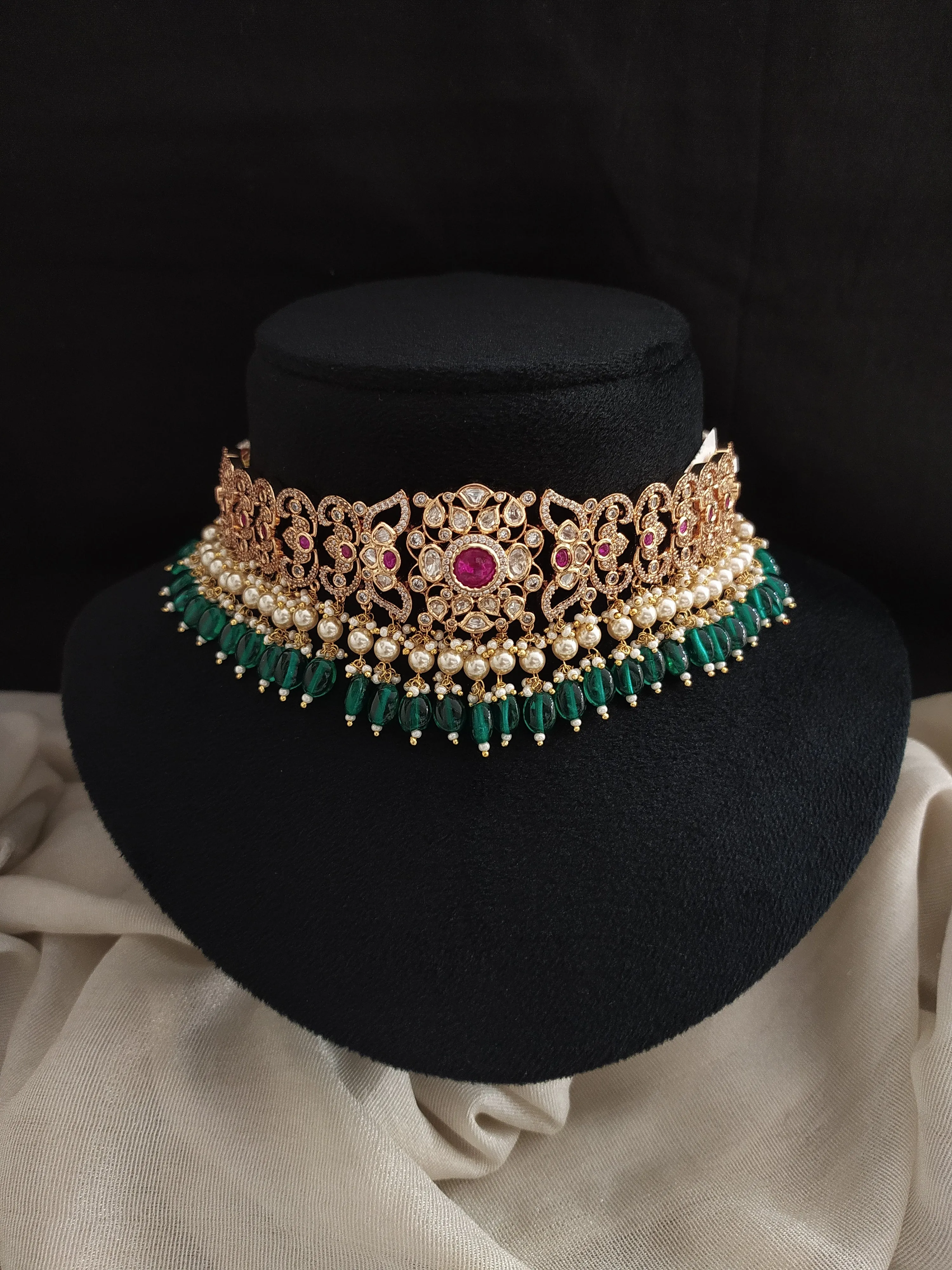Polki Kundan Choker Set with Jhumki – Ruby & White Stones with Bead Dangling