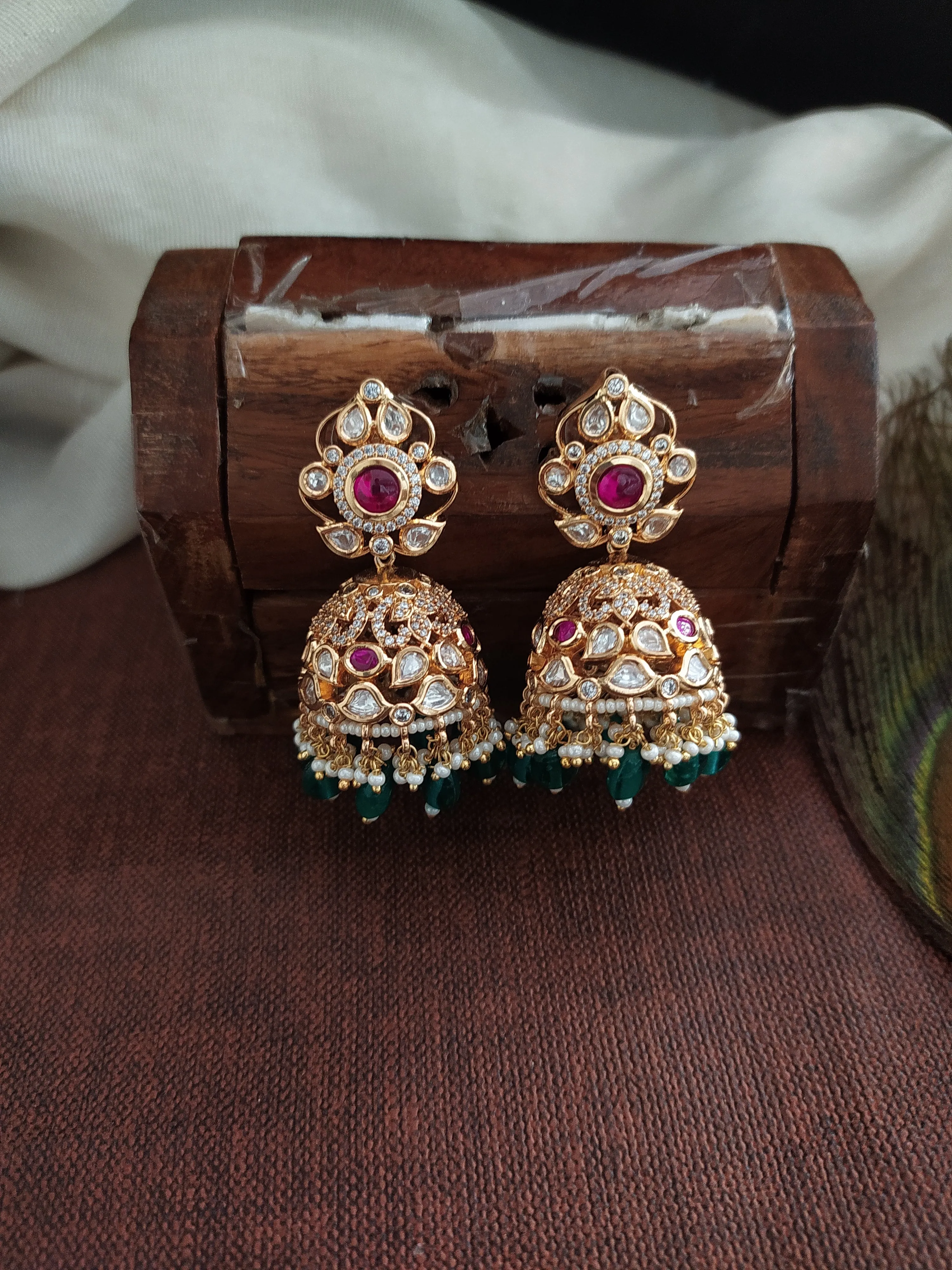 Polki Kundan Choker Set with Jhumki – Ruby & White Stones with Bead Dangling