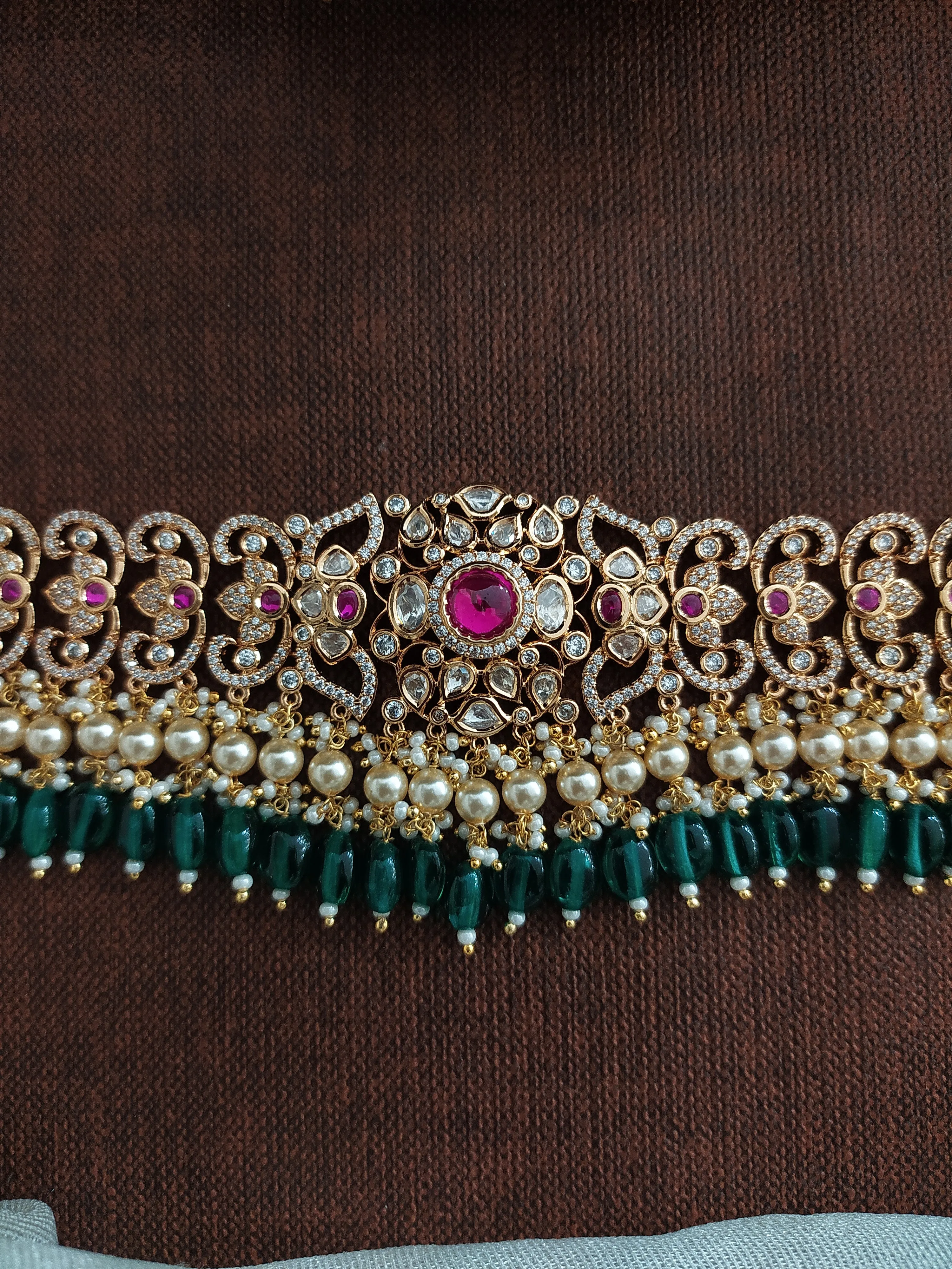 Polki Kundan Choker Set with Jhumki – Ruby & White Stones with Bead Dangling