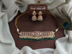 Polki Kundan Choker Set with Jhumki – Ruby & White Stones with Bead Dangling