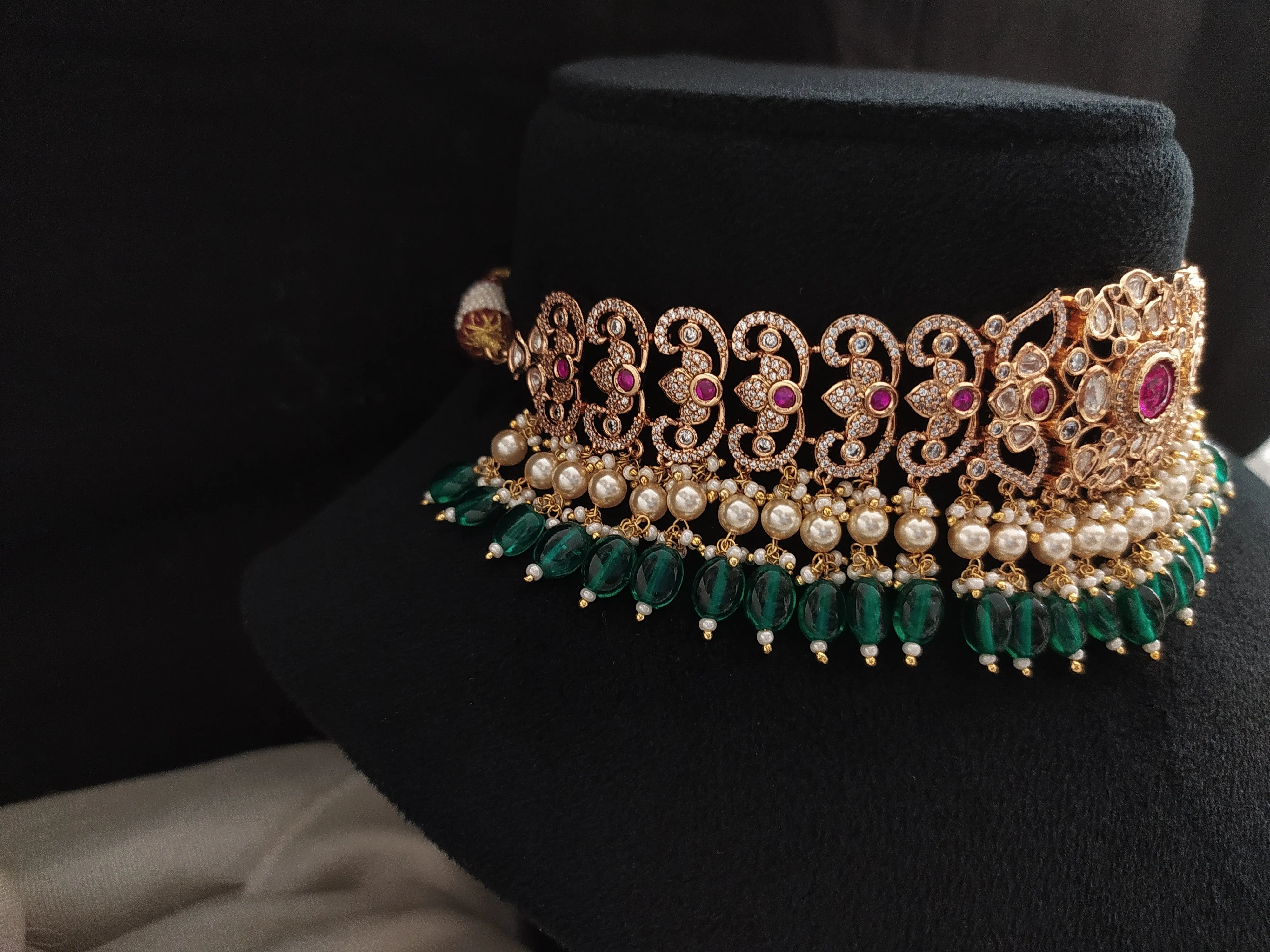 Polki Kundan Choker Set with Jhumki – Ruby & White Stones with Bead Dangling