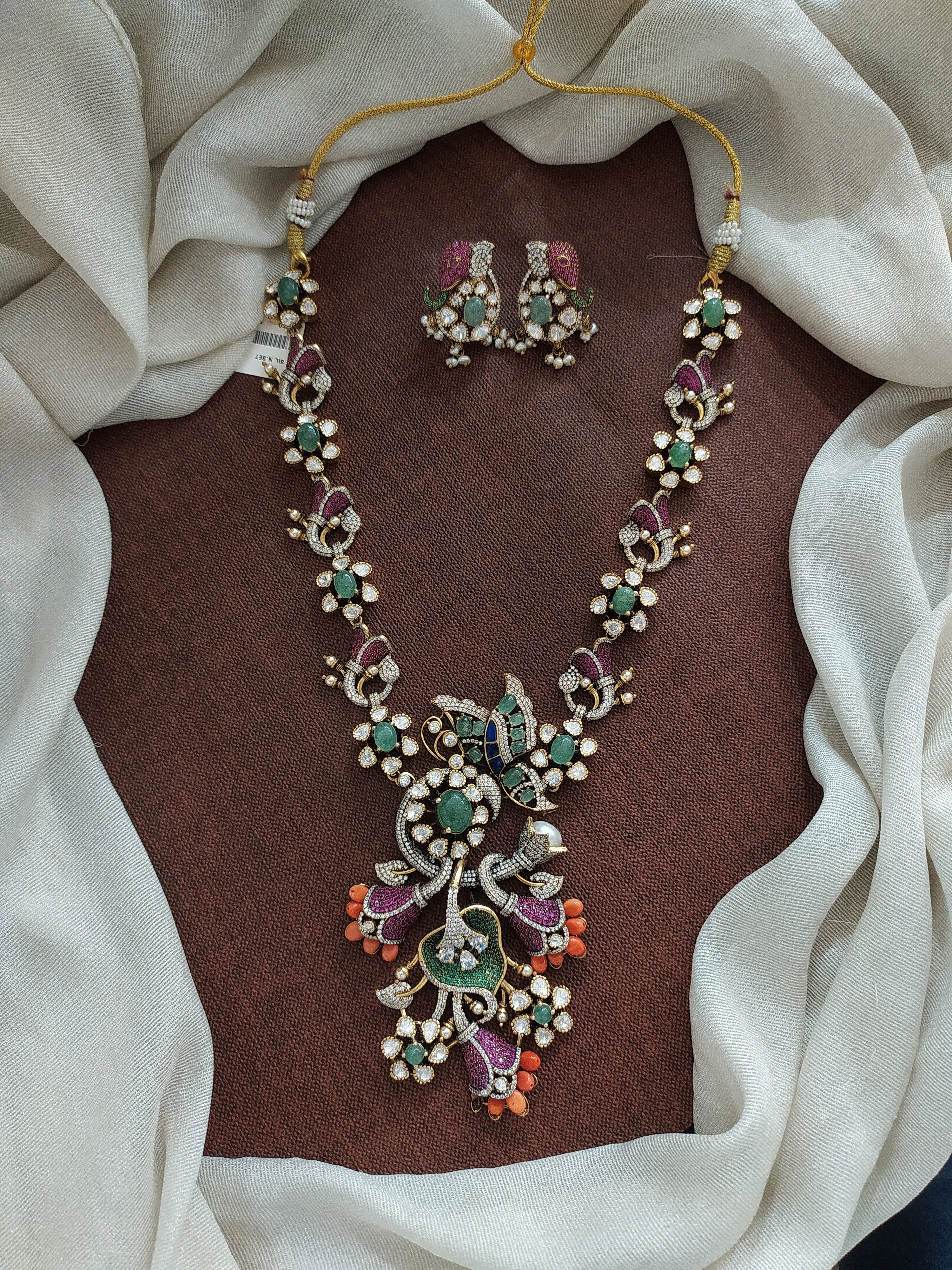 Pure Silver Moissanite Floral Necklace Set with Elephant-Designed Studs