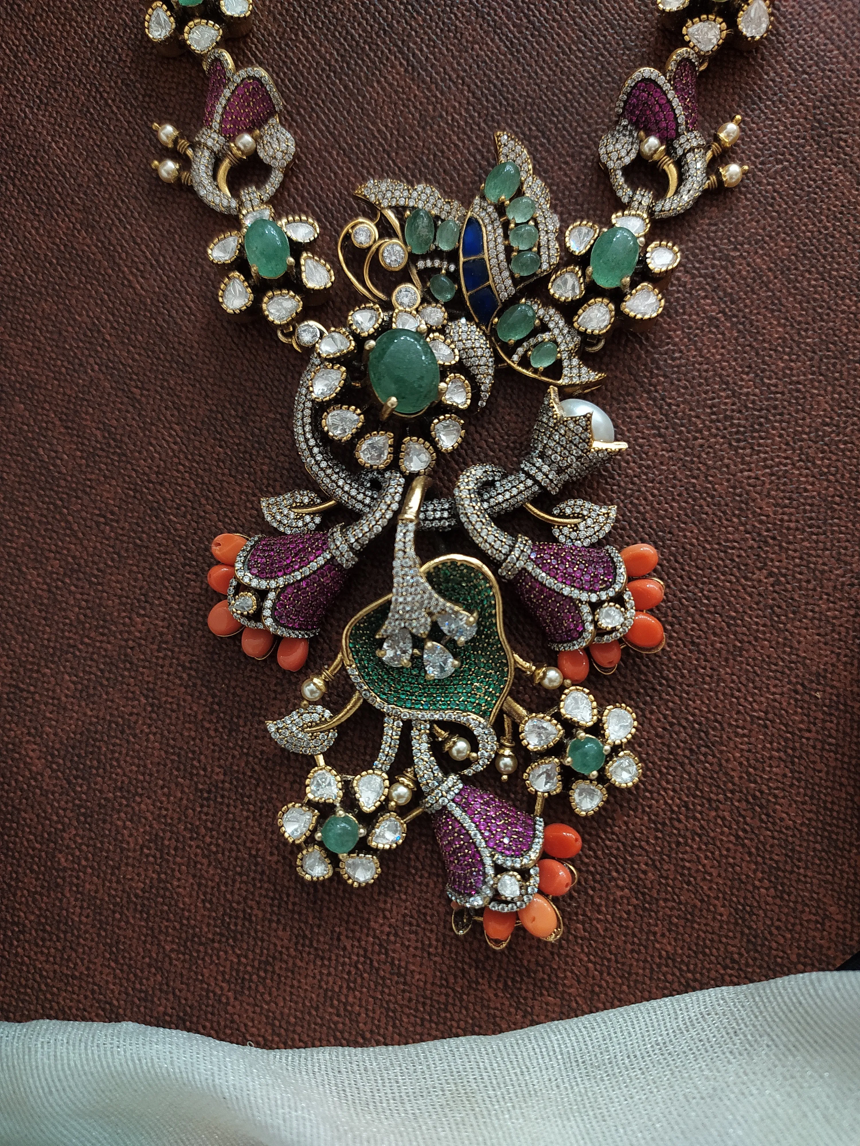 Pure Silver Moissanite Floral Necklace Set with Elephant-Designed Studs