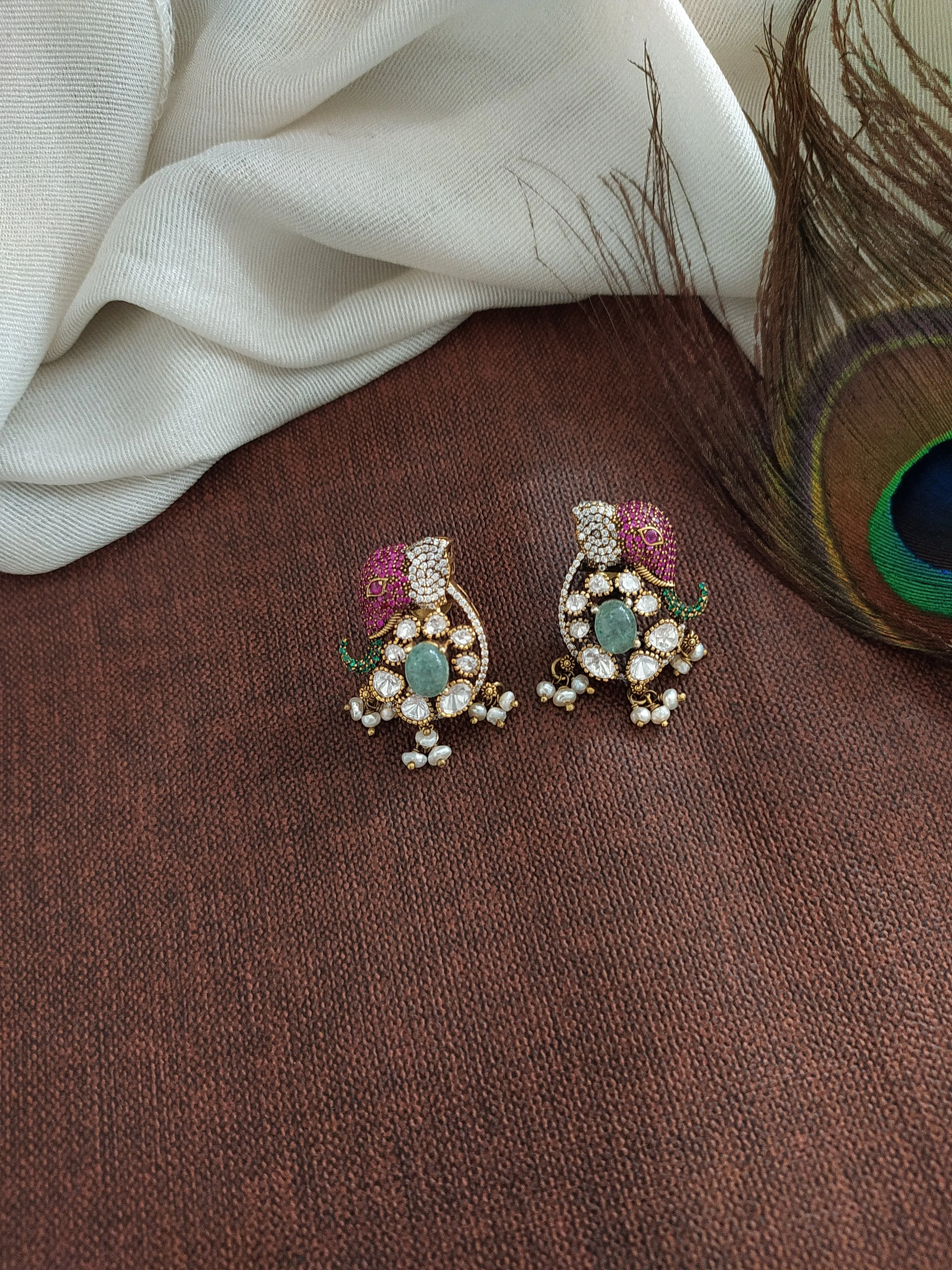 Pure Silver Moissanite Floral Necklace Set with Elephant-Designed Studs