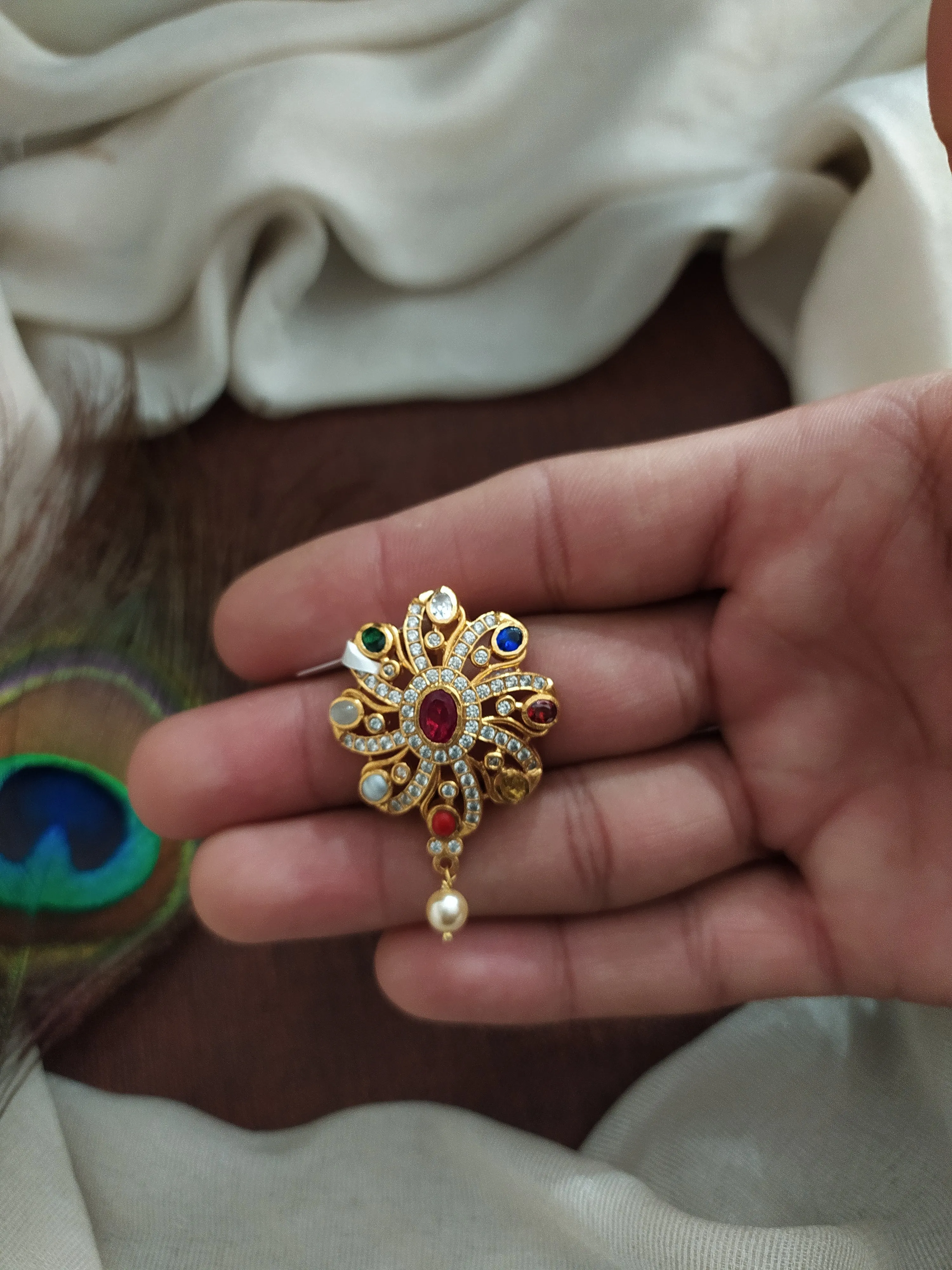 Pure Silver Navaratan Pendant Set with Semi-Precious Stones
