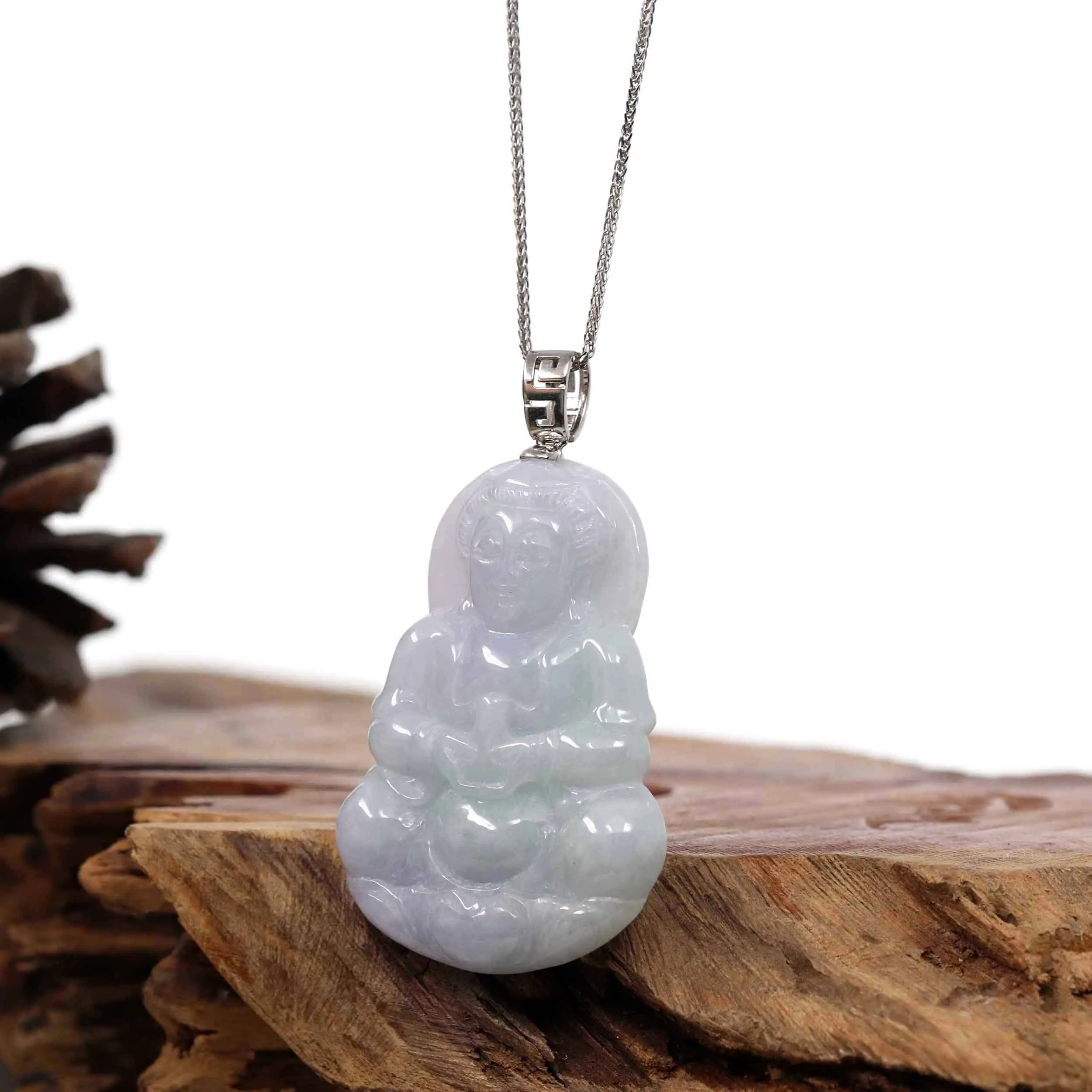 "Goddess of Compassion" Sterling Silver Genuine Burmese Jadeite Jade Guanyin Necklace With Good Luck Design
