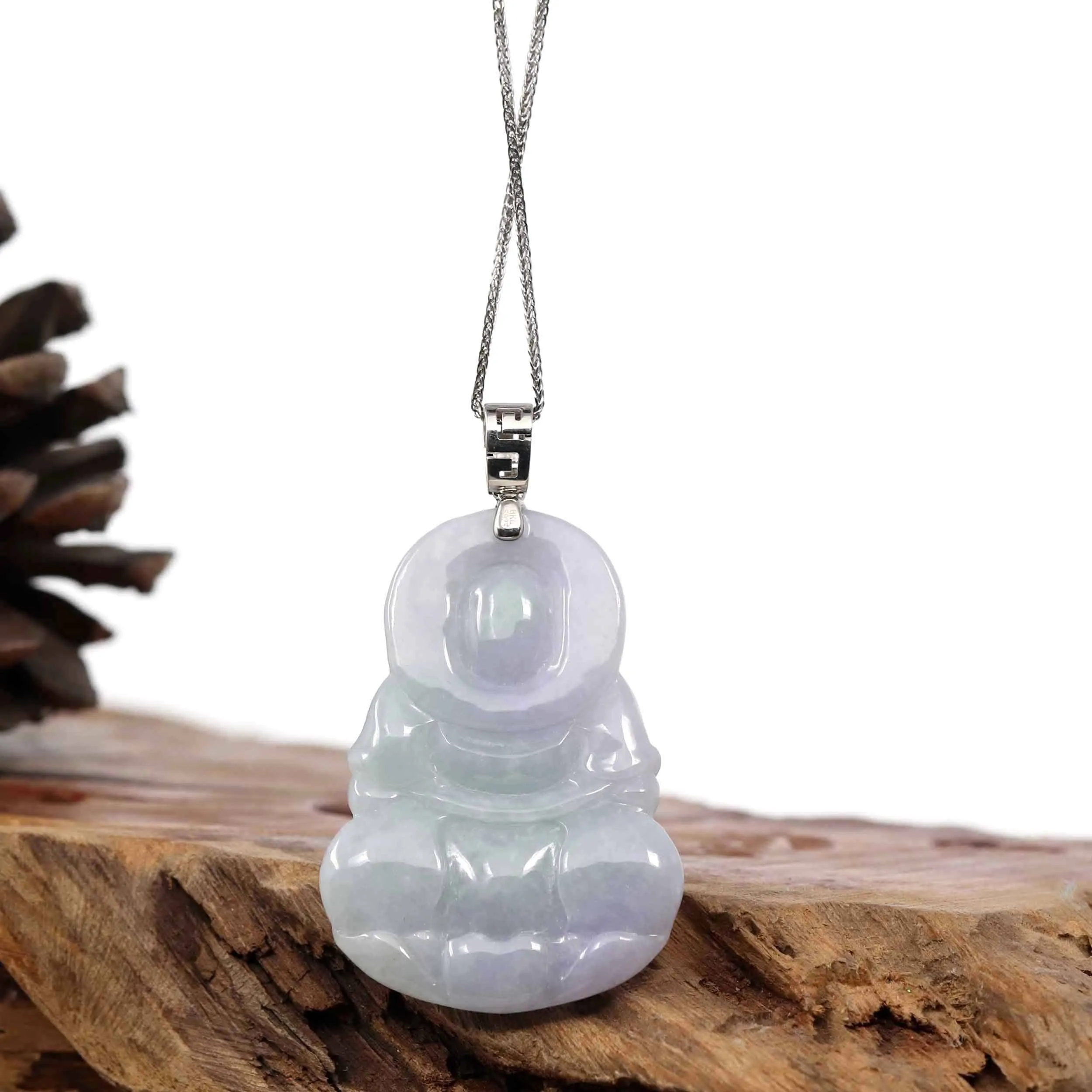 "Goddess of Compassion" Sterling Silver Genuine Burmese Jadeite Jade Guanyin Necklace With Good Luck Design