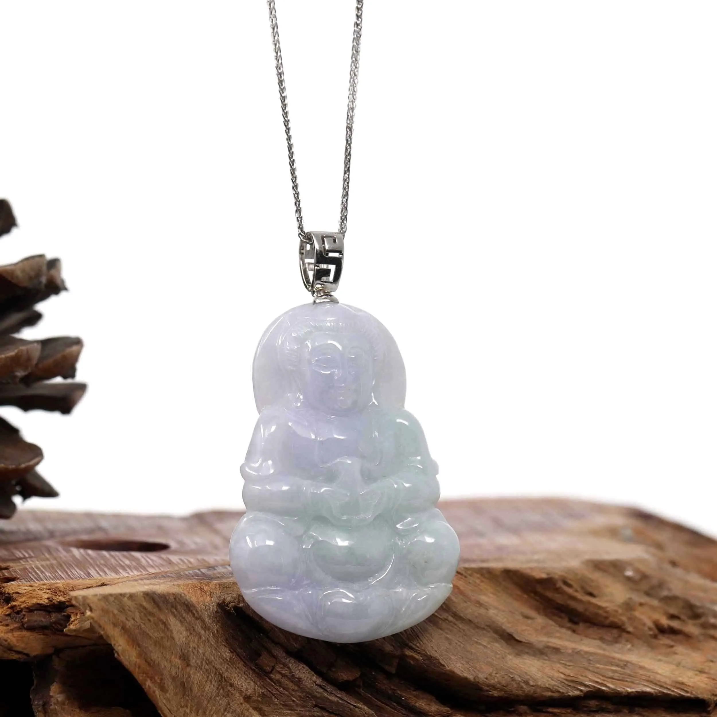 "Goddess of Compassion" Sterling Silver Genuine Burmese Jadeite Jade Guanyin Necklace With Good Luck Design
