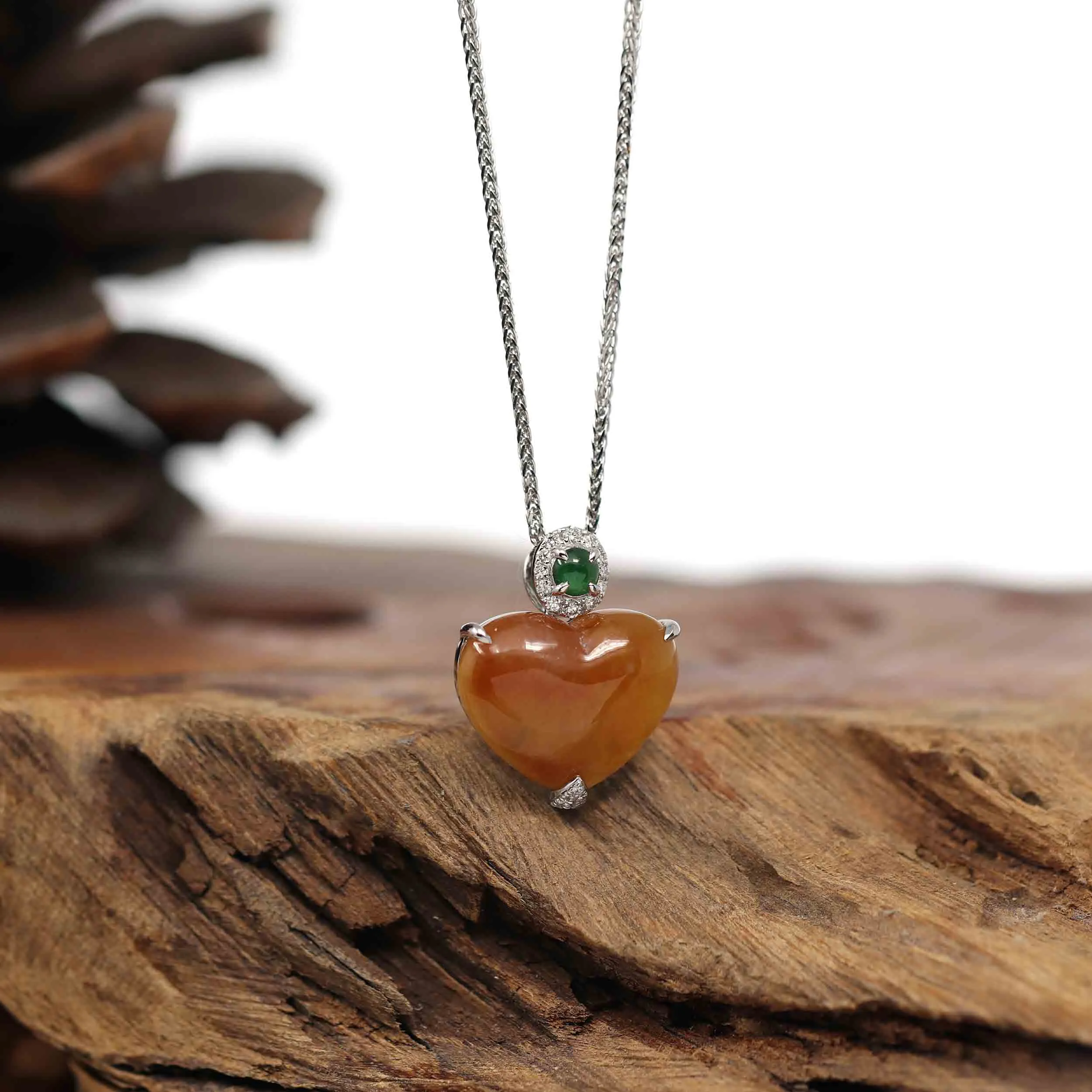 RealJade® Co. 14K Gold Genuine Burmese Jadeite Jade Heart Pendant with Diamonds