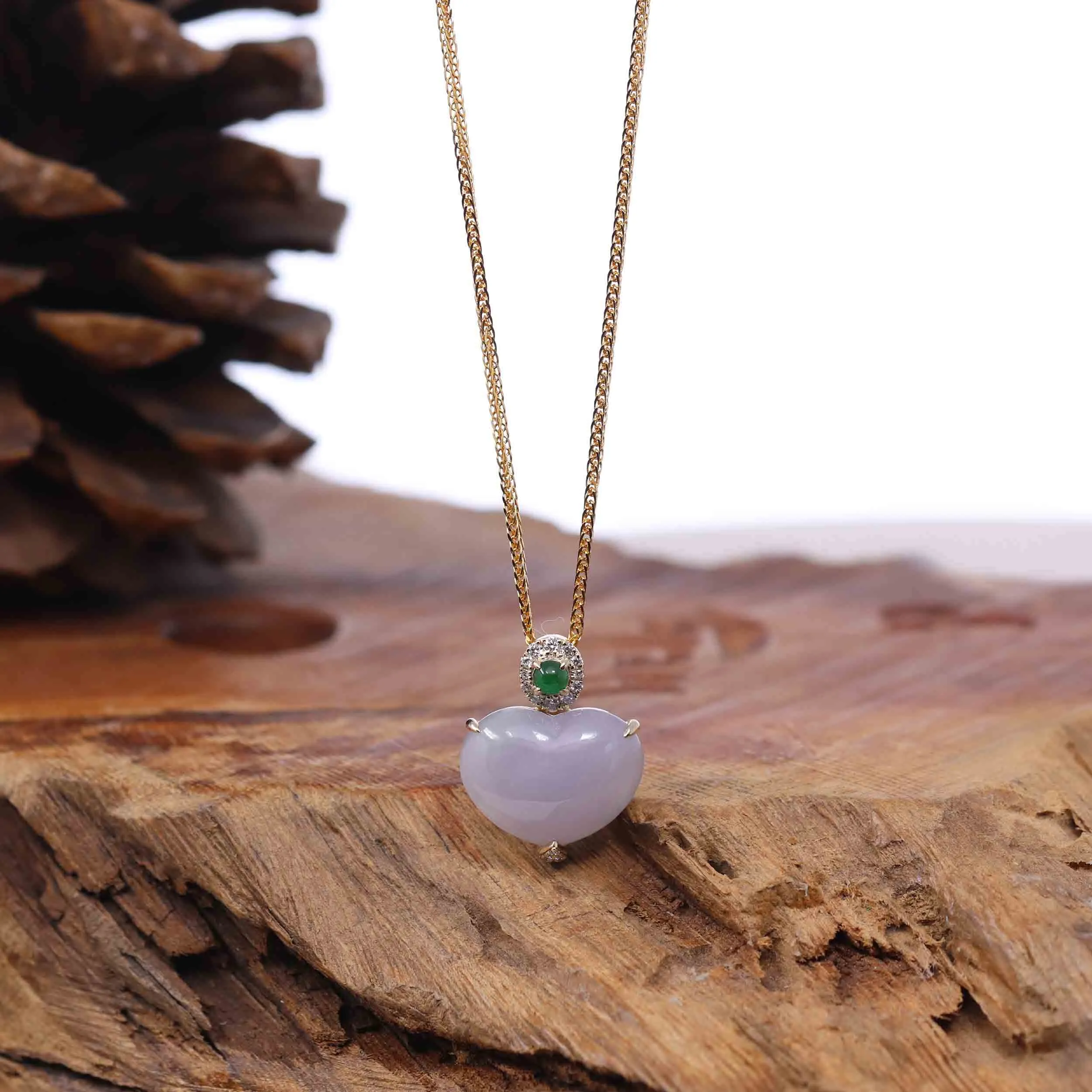 RealJade® Co. 14K Gold Genuine Burmese Jadeite Jade Heart Pendant with Diamonds