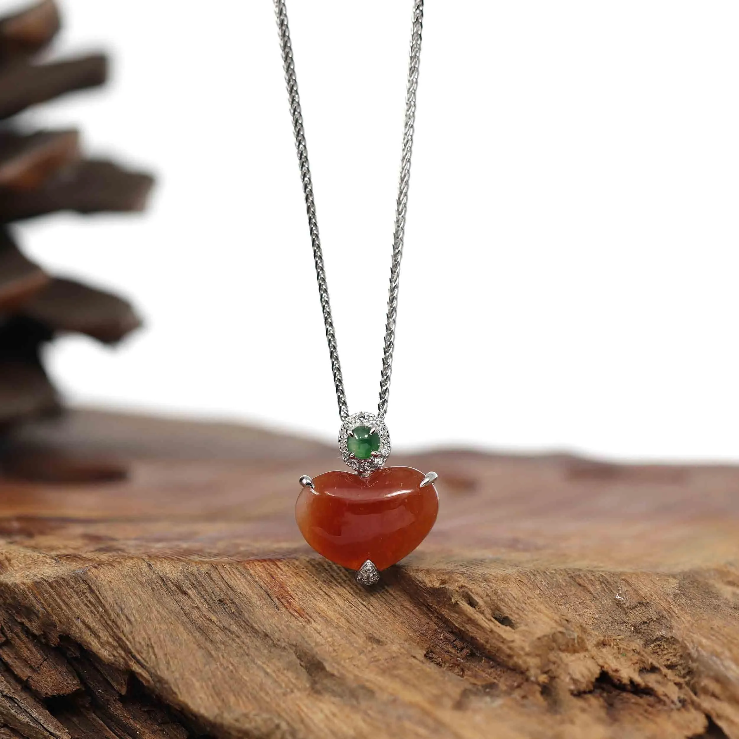RealJade® Co. 14K Gold Genuine Burmese Orange Jadeite Jade Heart Pendant with VS1 Diamonds