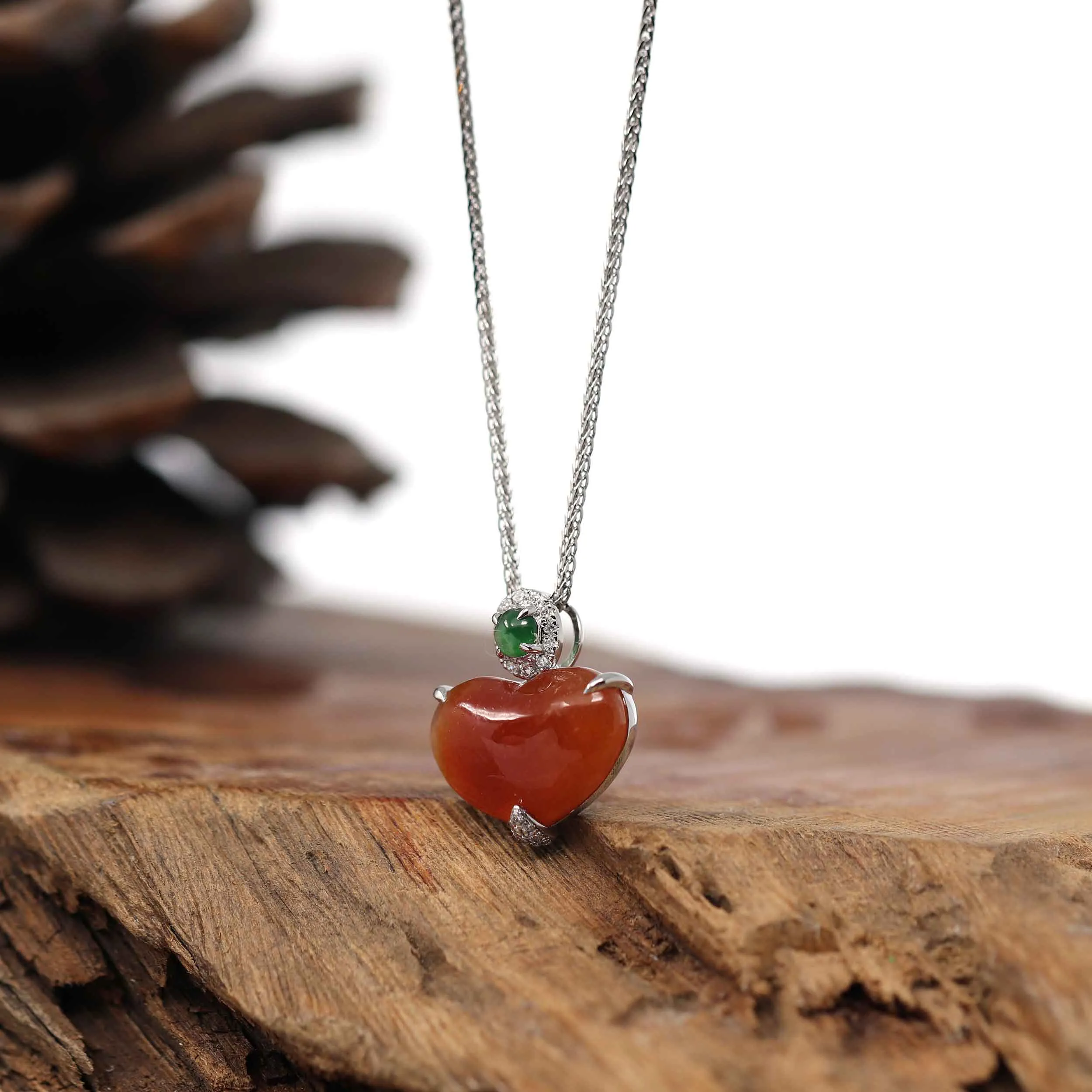 RealJade® Co. 14K Gold Genuine Burmese Orange Jadeite Jade Heart Pendant with VS1 Diamonds