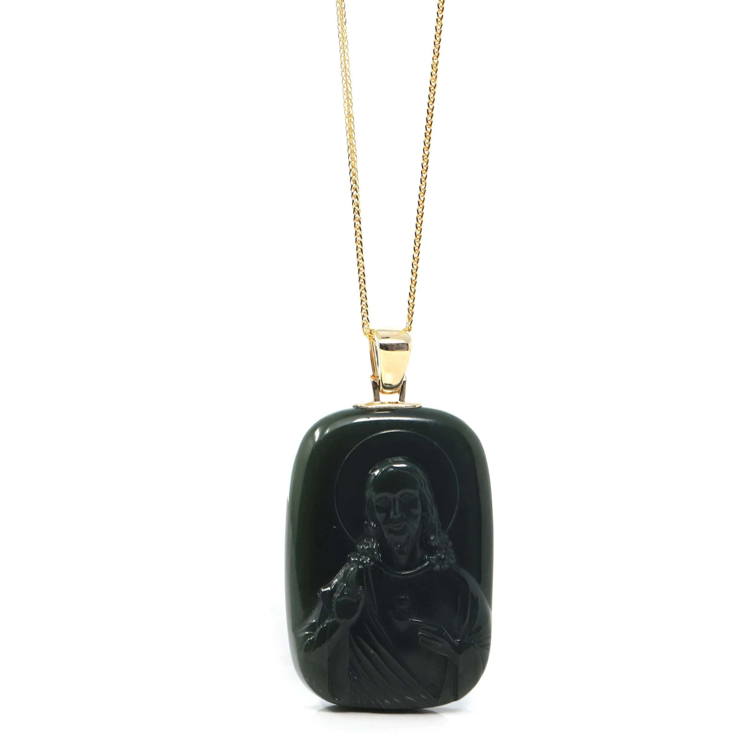 RealJade® Co. 14K Yellow Gold Genuine Nephrite Black Jade Jesus Pendant Necklace