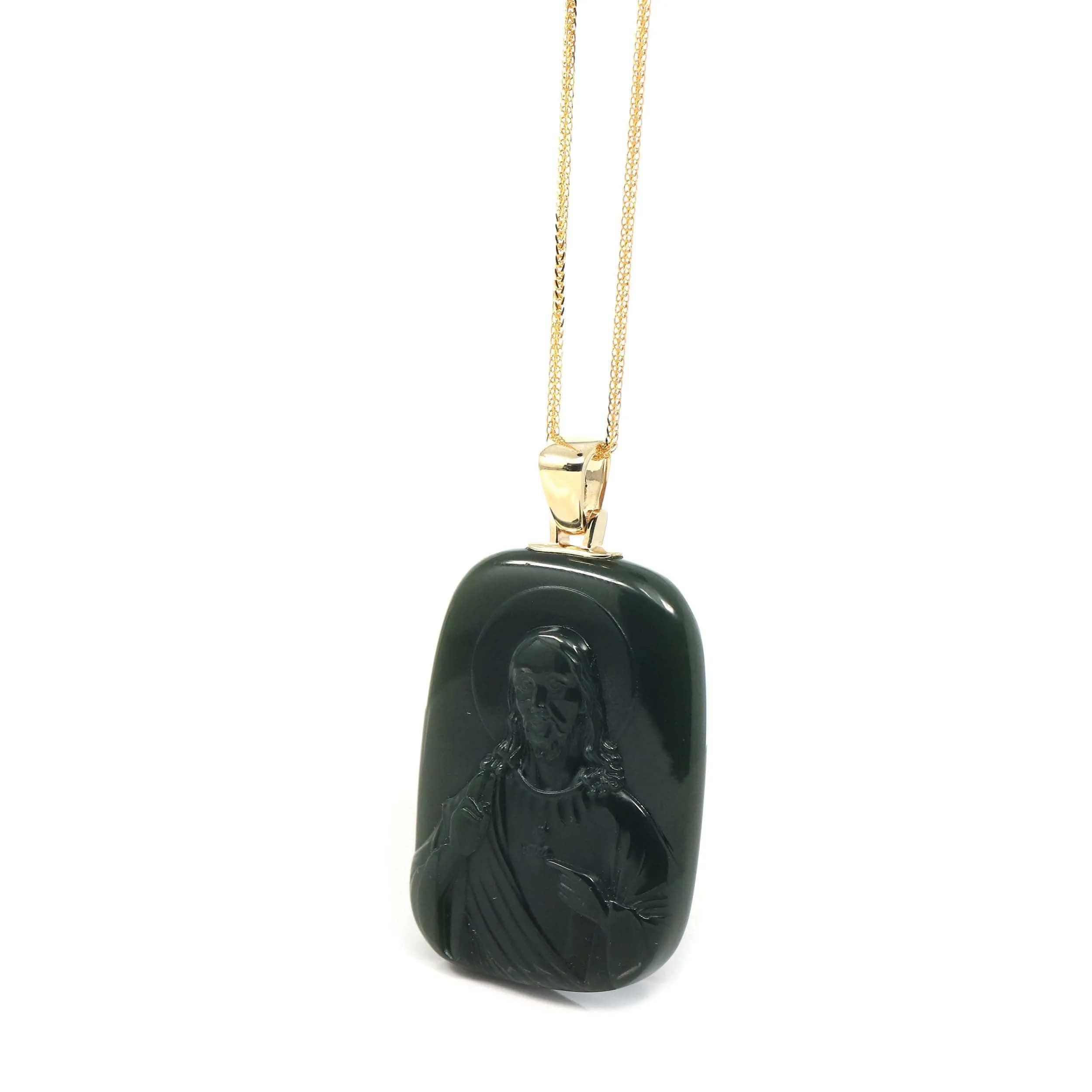 RealJade® Co. 14K Yellow Gold Genuine Nephrite Black Jade Jesus Pendant Necklace
