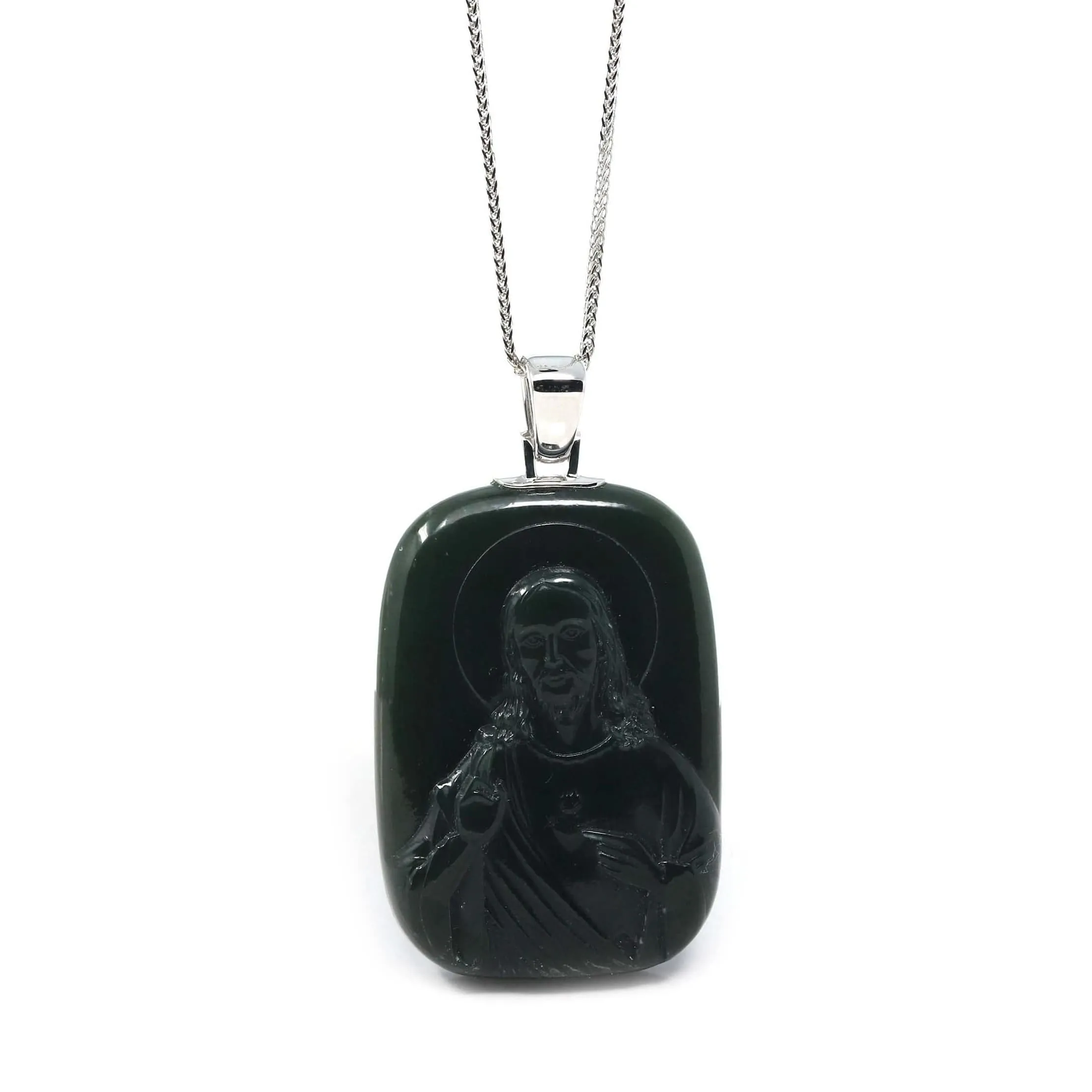 RealJade® Co. 14K Yellow Gold Genuine Nephrite Black Jade Jesus Pendant Necklace