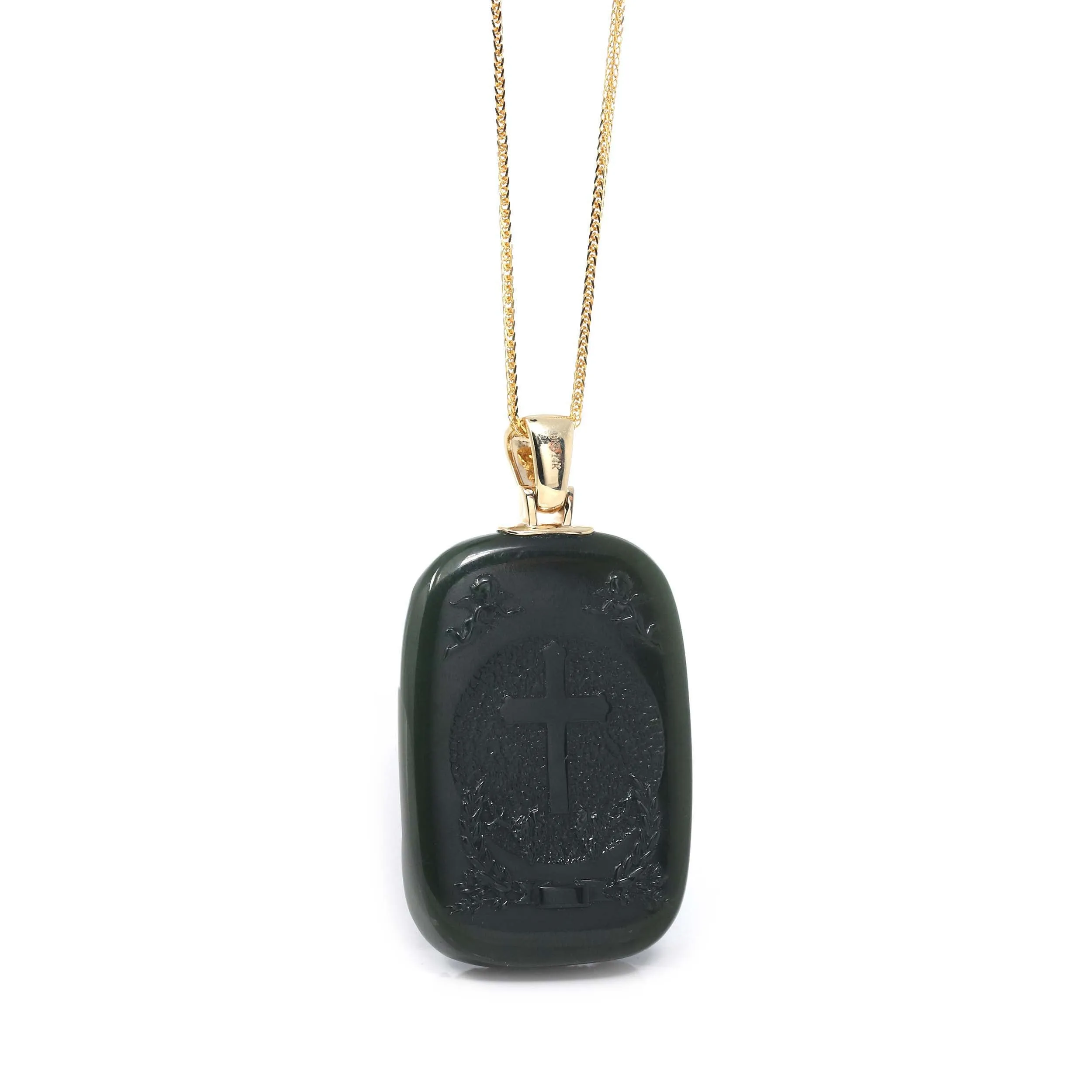 RealJade® Co. 14K Yellow Gold Genuine Nephrite Black Jade Jesus Pendant Necklace