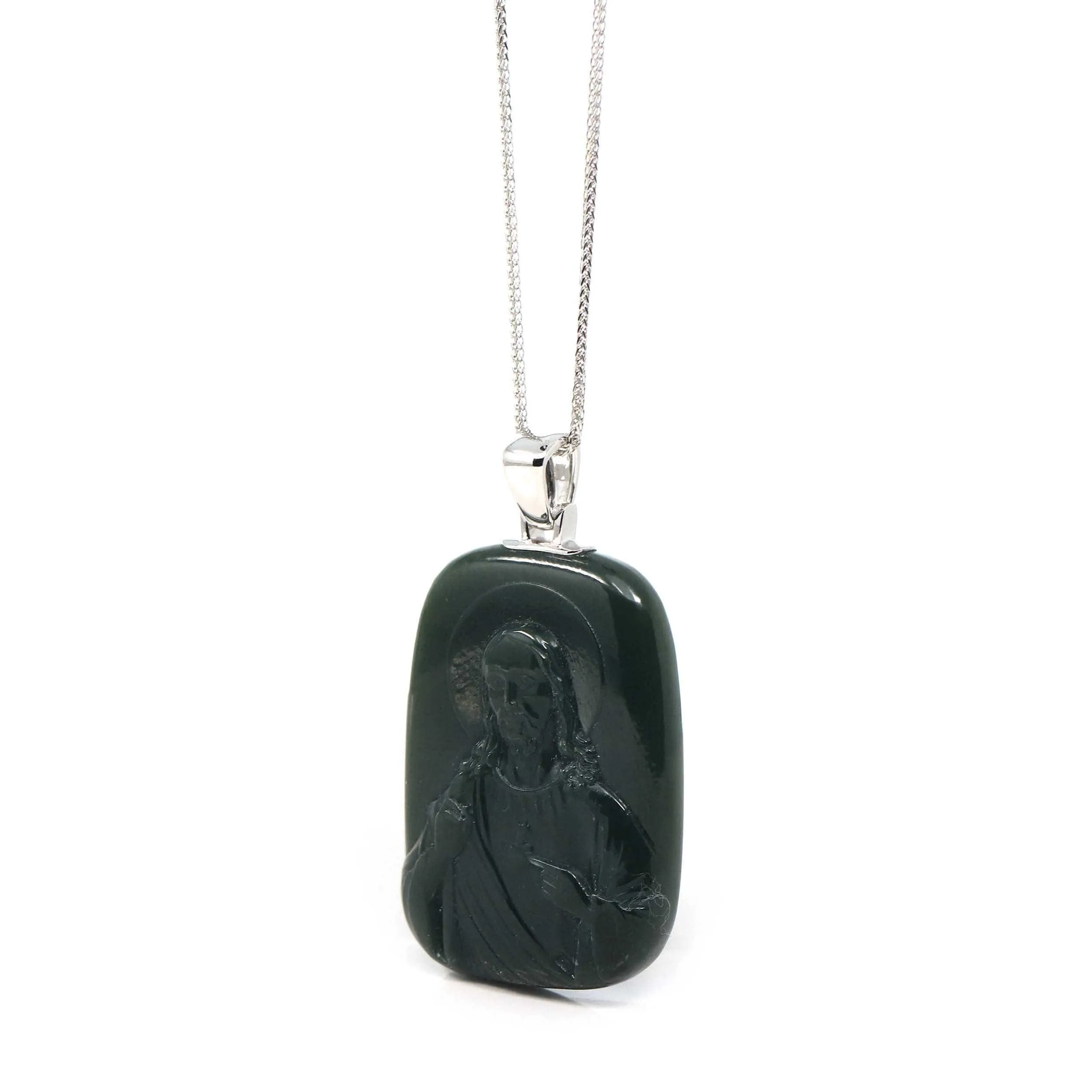 RealJade® Co. 14K Yellow Gold Genuine Nephrite Black Jade Jesus Pendant Necklace