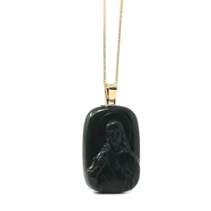 RealJade® Co. 14K Yellow Gold Genuine Nephrite Black Jade Jesus Pendant Necklace
