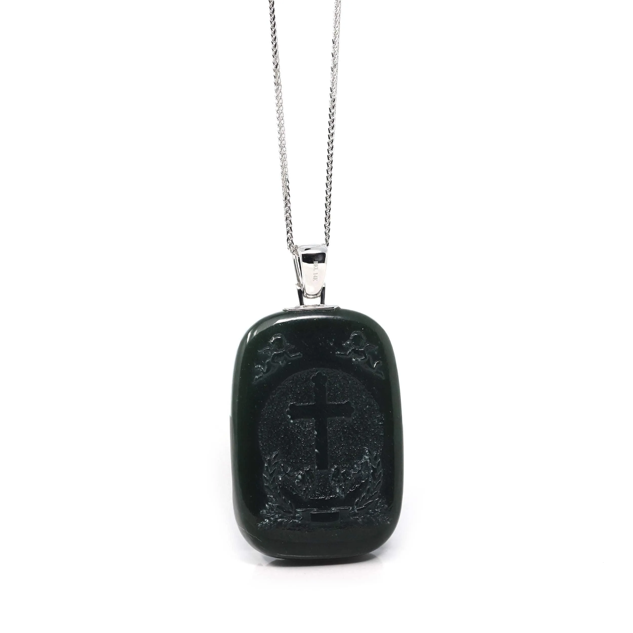 RealJade® Co. 14K Yellow Gold Genuine Nephrite Black Jade Jesus Pendant Necklace