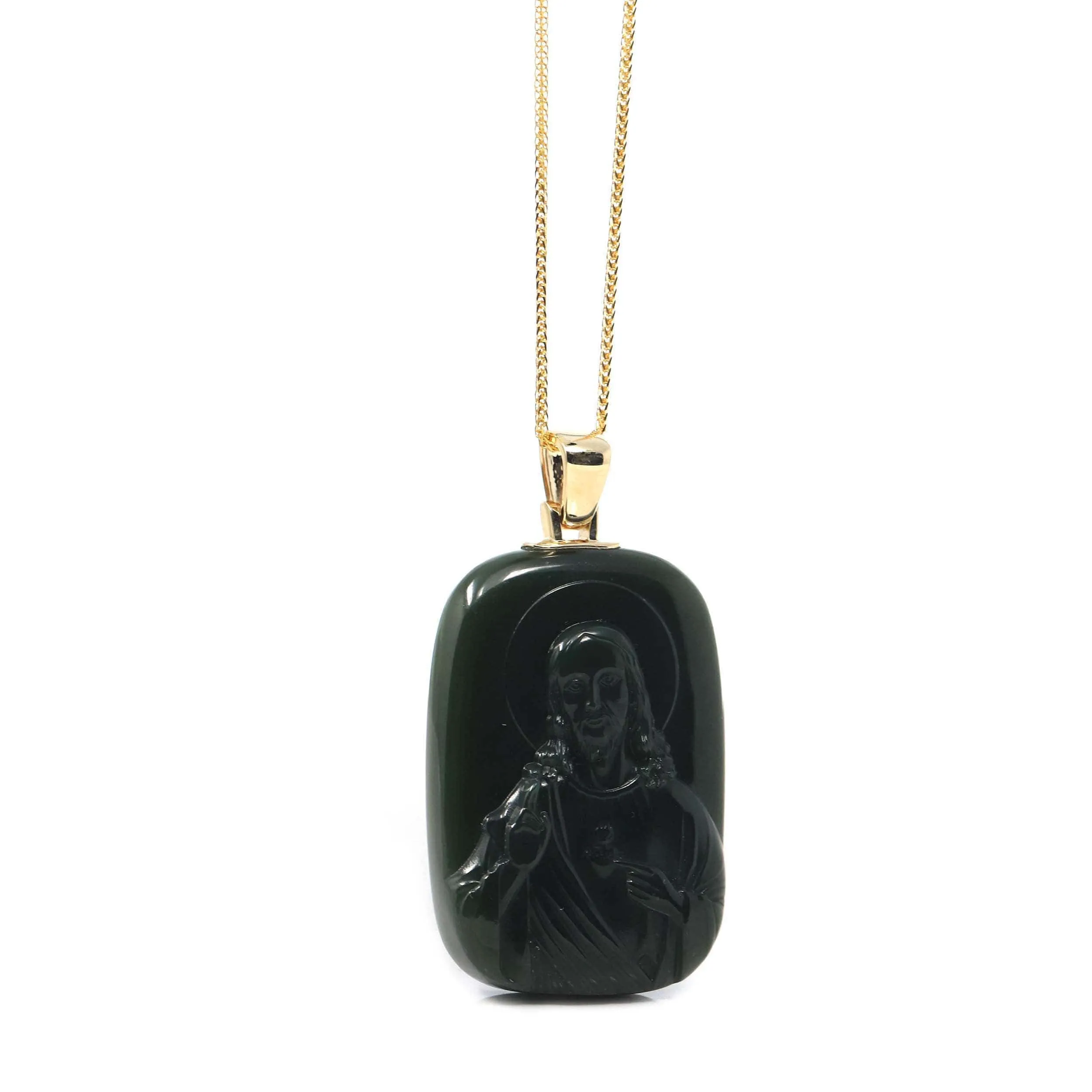 RealJade® Co. 14K Yellow Gold Genuine Nephrite Black Jade Jesus Pendant Necklace